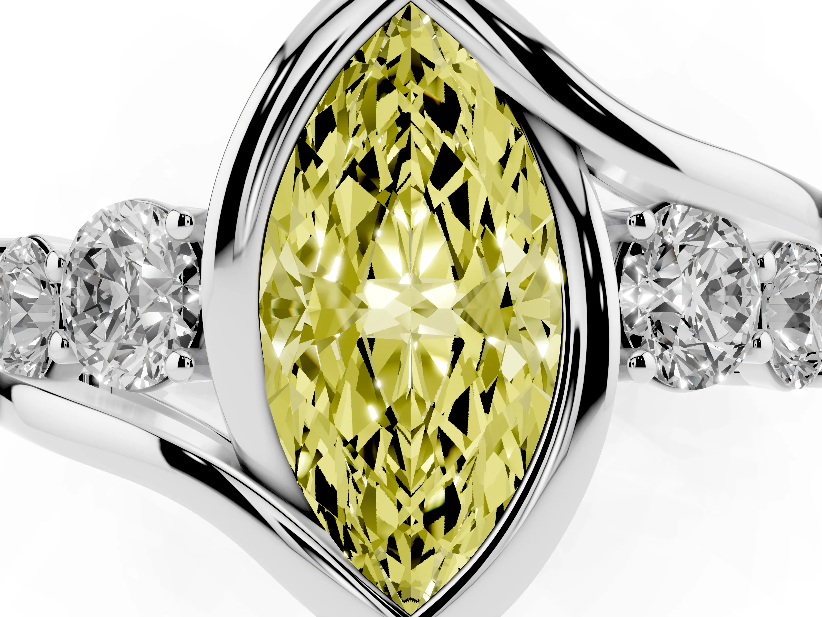 Fancy Yellow Marquise Cut Diamond Bezel Bypass Ring Set in Silver with Round Accents