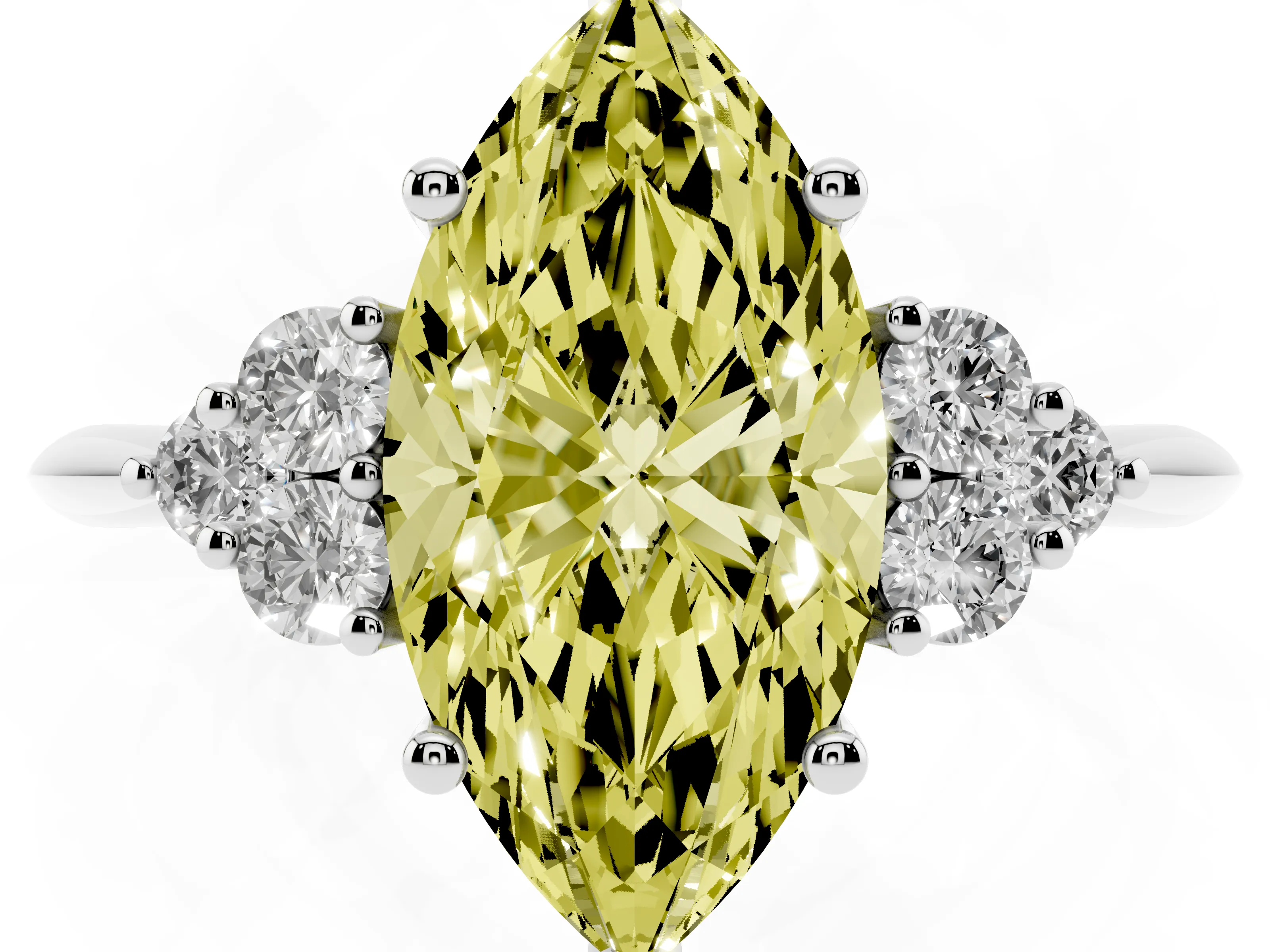 Fancy Yellow Marquise Cut Diamond Cluster Ring Set in Platinum with Plain Band and Prong Setting