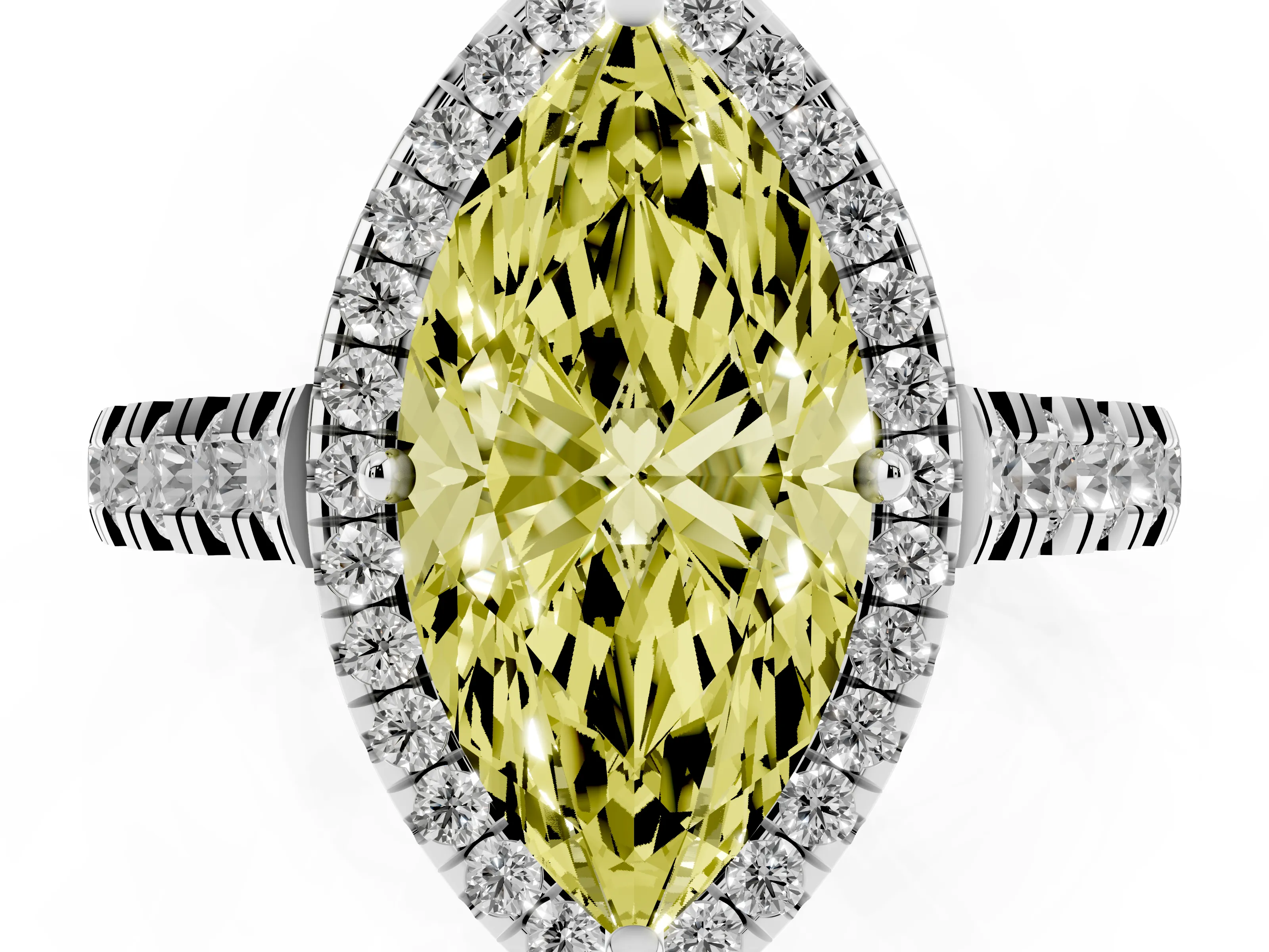 Fancy Yellow Marquise Cut Diamond Halo Engagement Ring Set in Platinum with Pavé Band and Prong-Set Center
