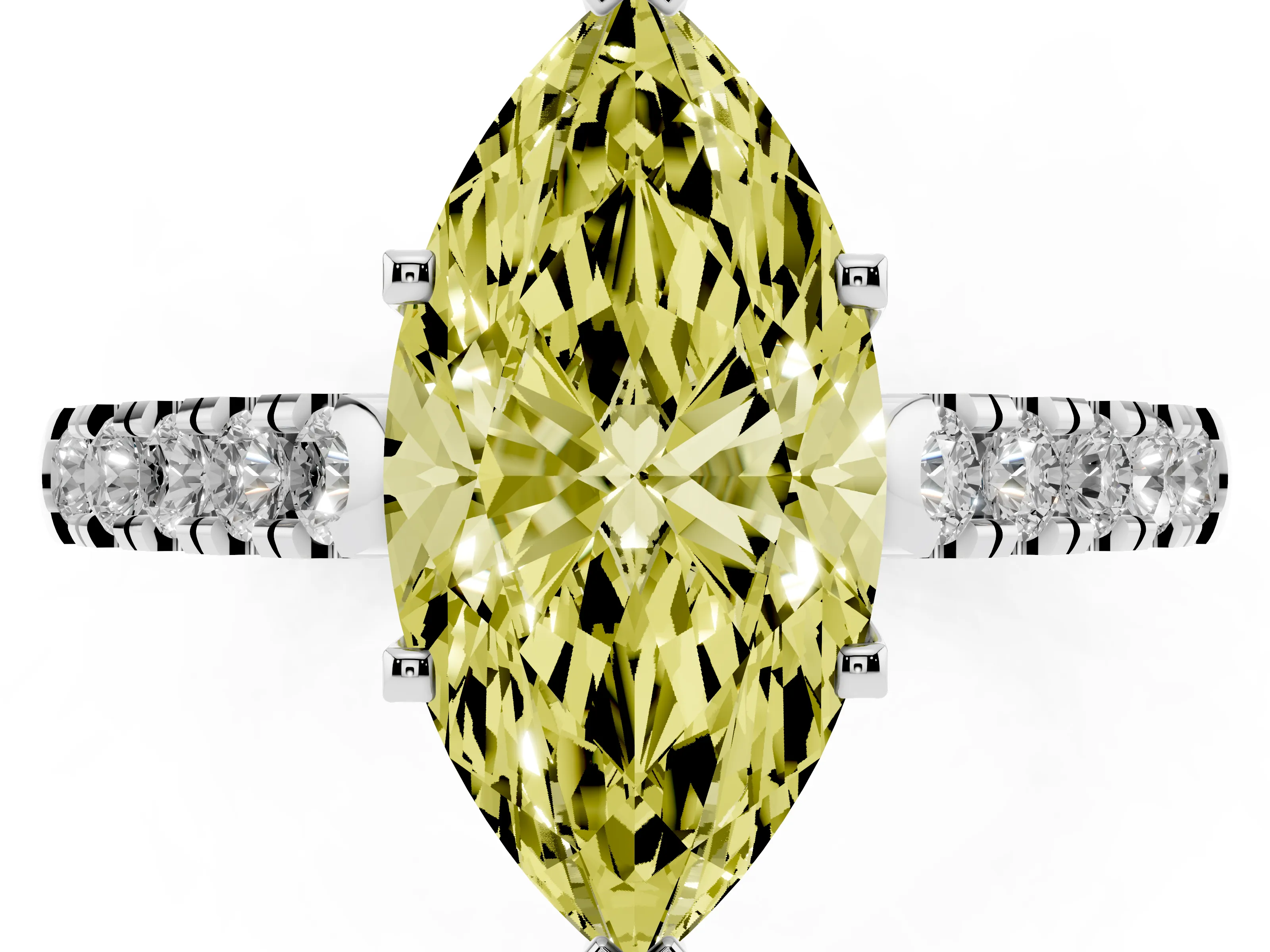 Fancy Yellow Marquise Cut Diamond Pavé Band Solitaire Ring Set in White gold with Partway Accent Stones and Prong Setting