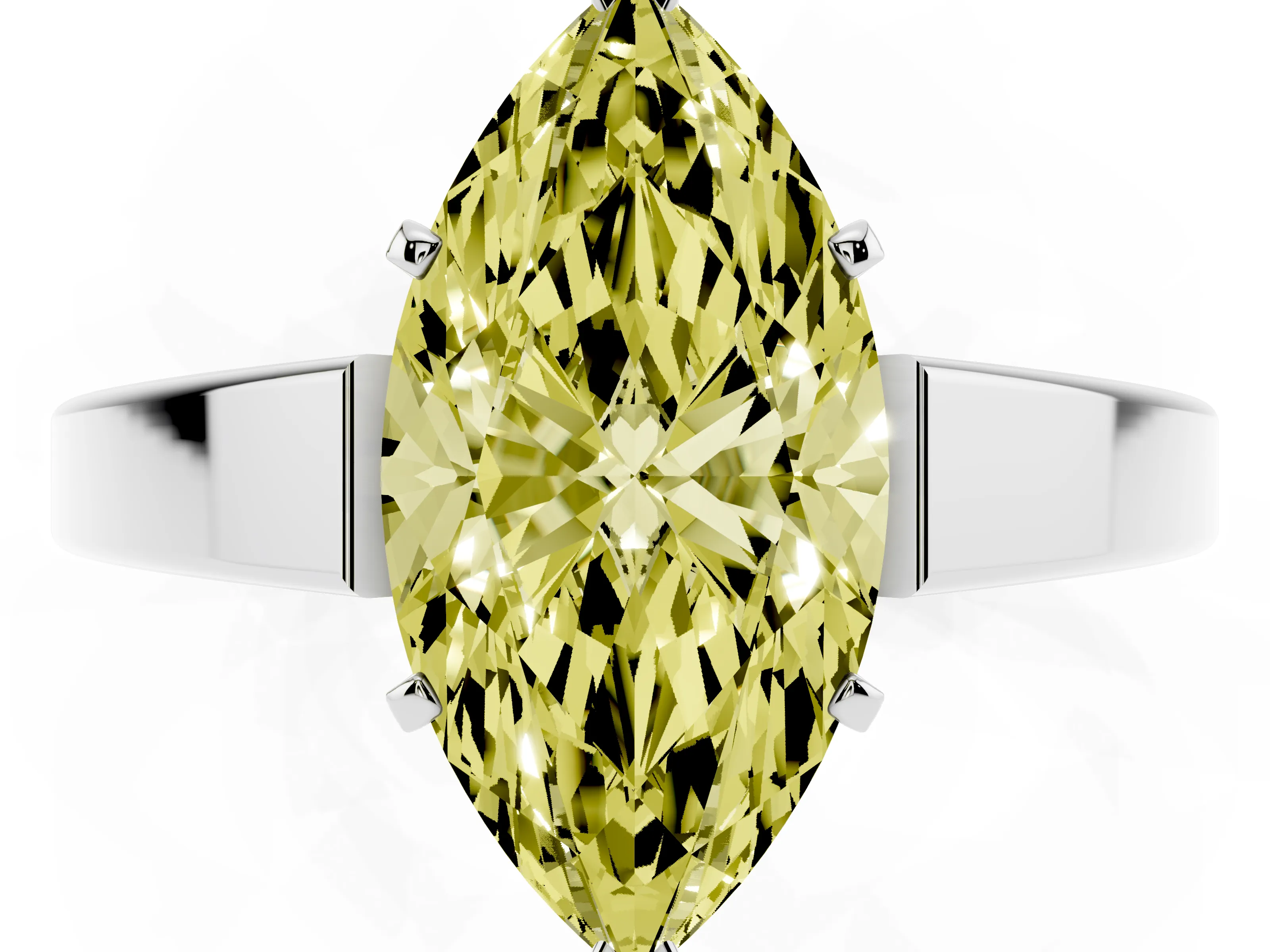 Fancy Yellow Marquise Cut Diamond Solitaire Engagement Ring Set in Platinum with Prong Setting and Tapered Band