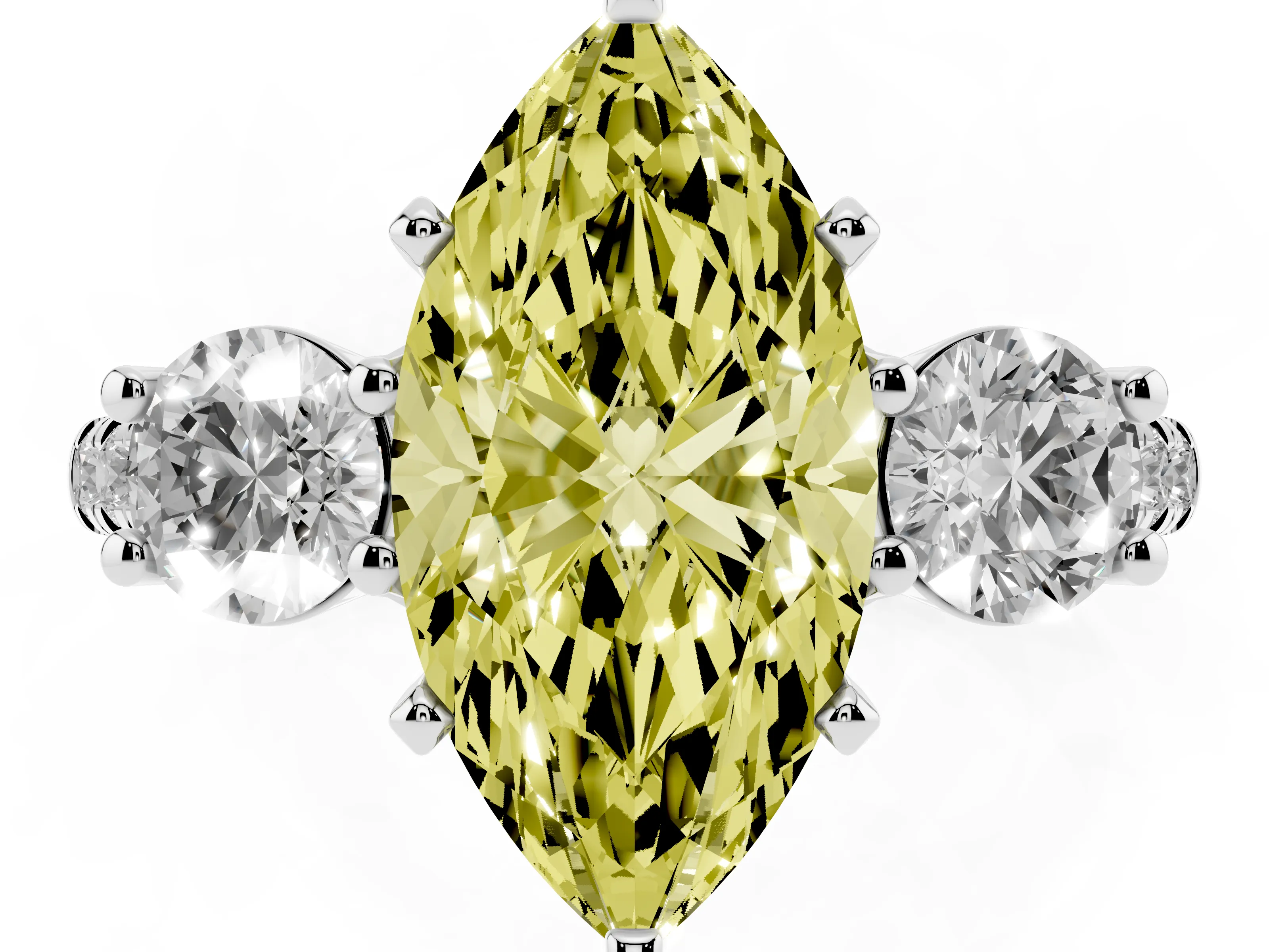 Fancy Yellow Three-Stone Marquise Cut Diamond Pavé Band Ring Set in Platinum with Prong-Set Trio