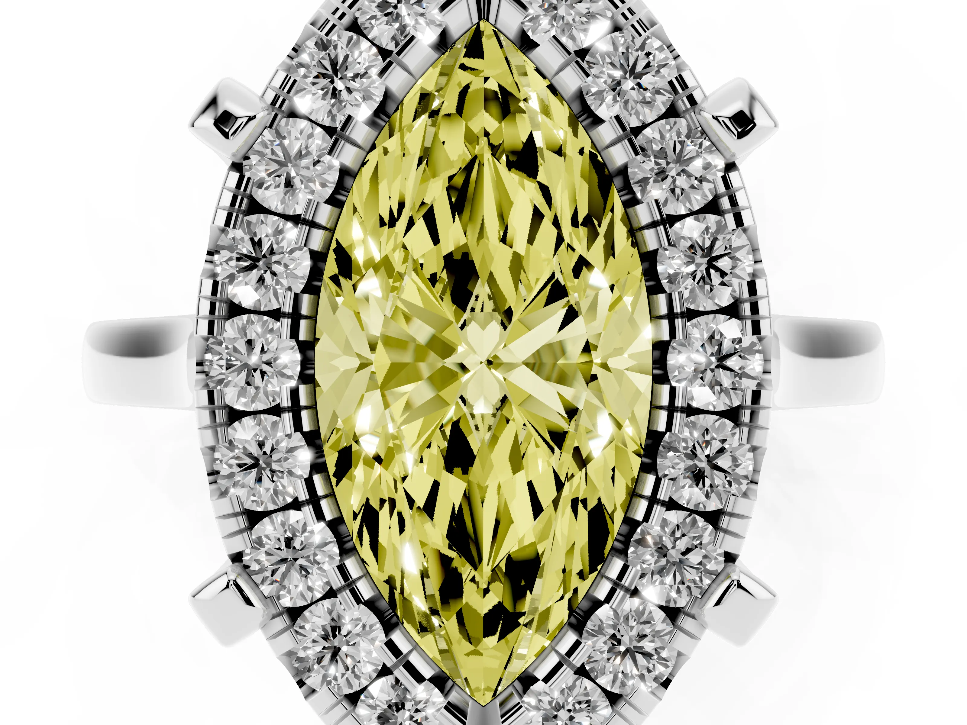 Fancy Yellow Marquise Cut Diamond Cluster Halo Solitaire Ring Set in White gold with Prong Setting