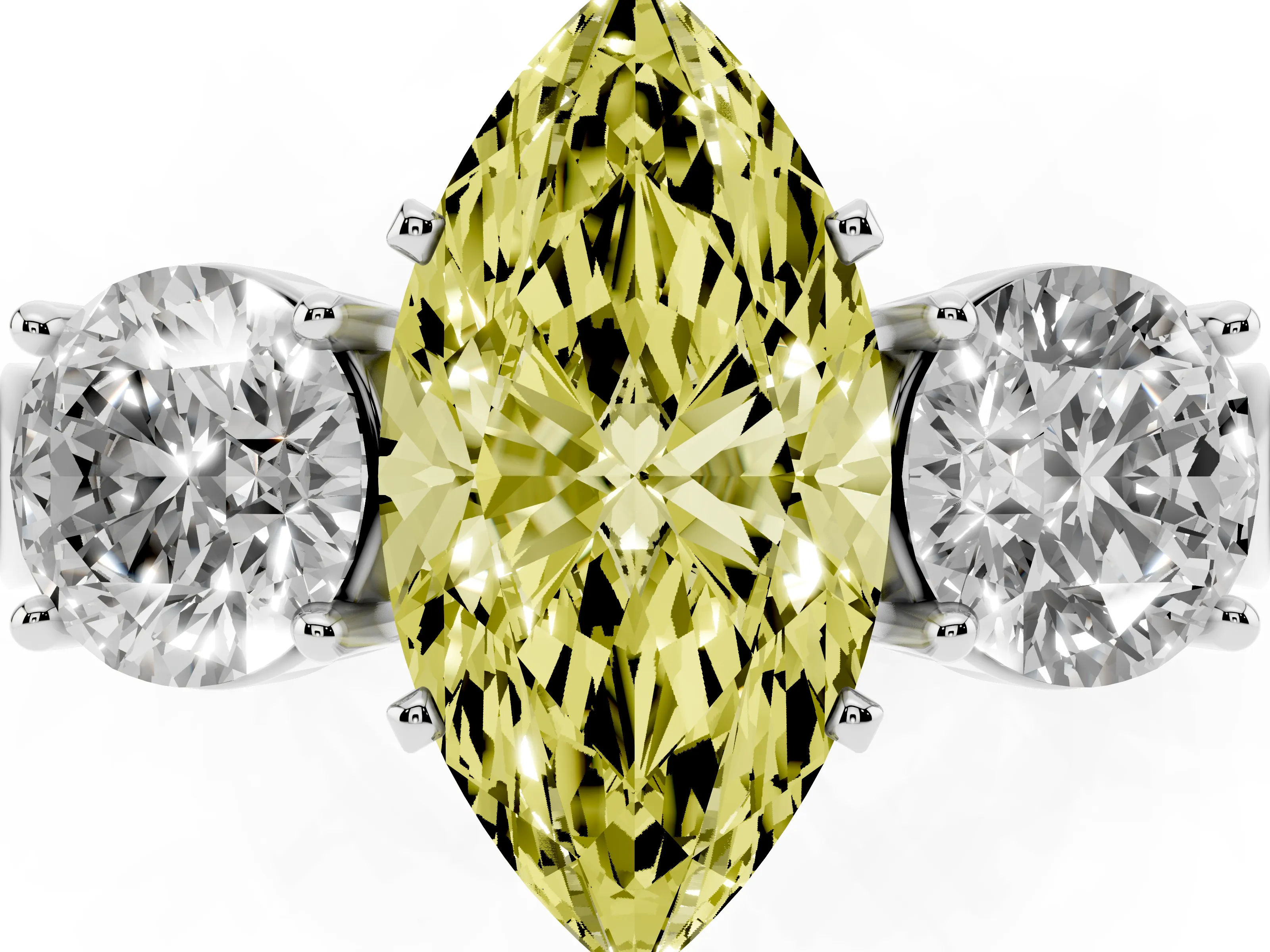 Fancy Yellow Marquise Cut Diamond Three-Stone Ring Set in Platinum with Round Side Stones and Classic Band