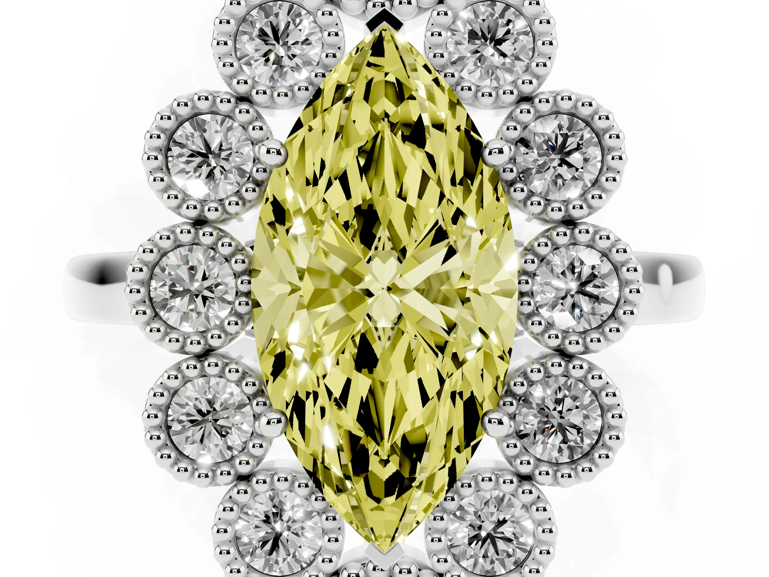 Fancy Yellow Marquise Cut Diamond Cluster Halo Ring Set in White gold with Milgrain Bezel Accents and Plain Band