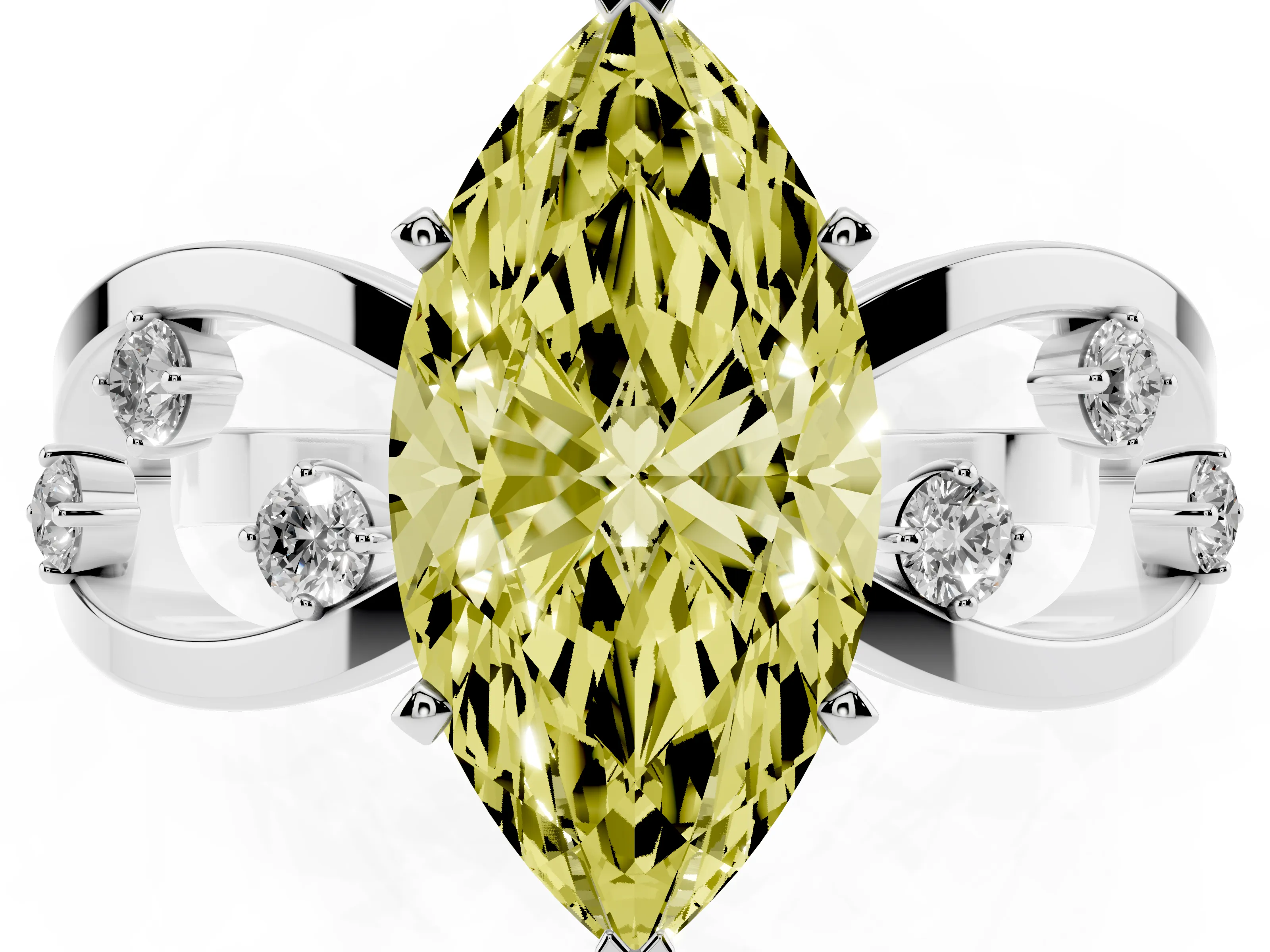 Fancy Yellow Marquise Cut Diamond Solitaire Ring Set in White gold with Side Stones on Criss-Cross Band and Prong Setting