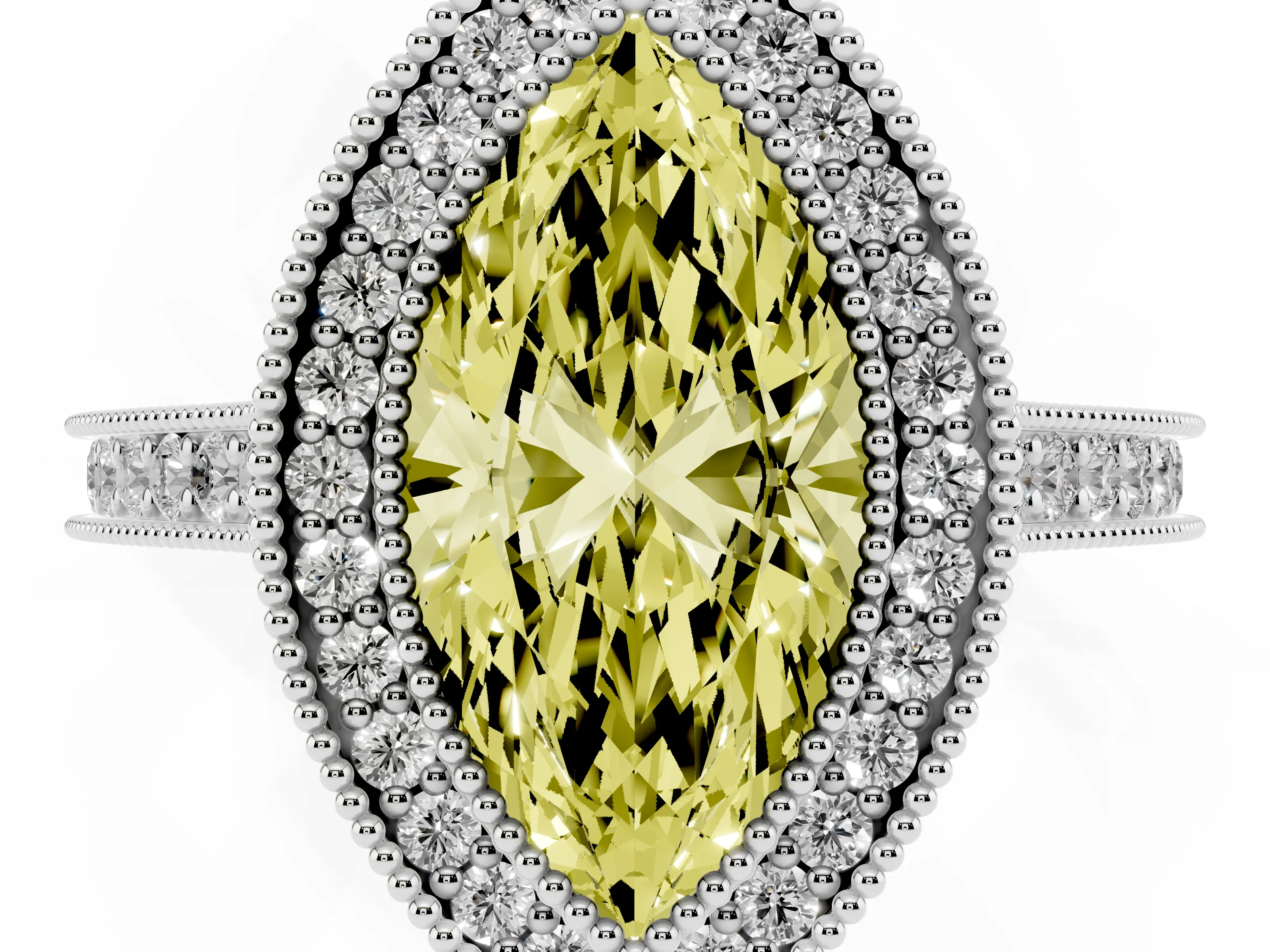 Fancy Yellow Marquise Cut Diamond Halo Milgrain Pavé Band Ring Set in Platinum with Prong Setting