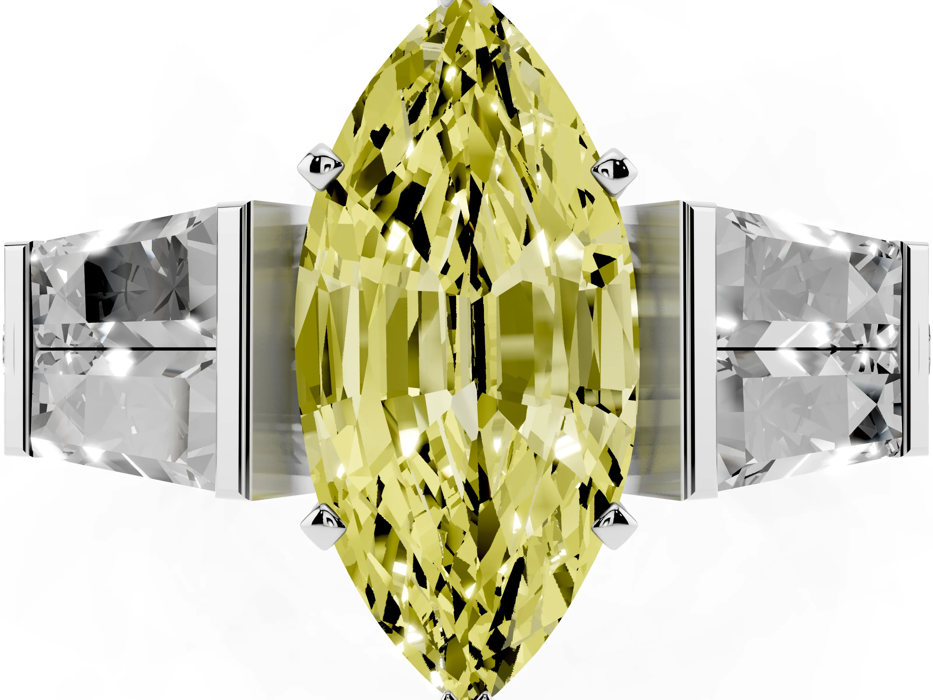 Fancy Yellow Marquise Cut Diamond Engagement Ring Set in White gold with Baguette Side Stones and Channel Set Band