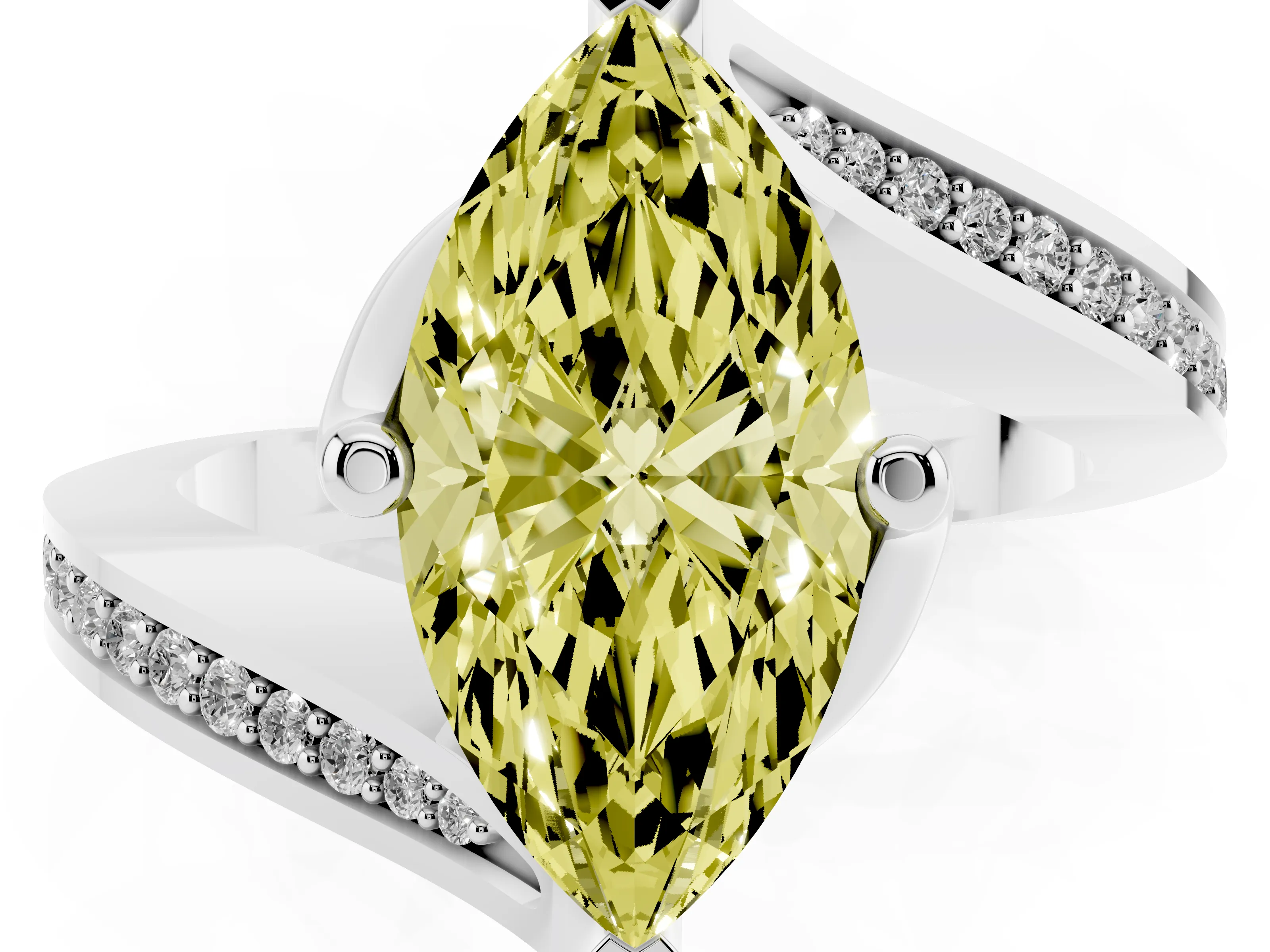Fancy Yellow Marquise Cut Diamond Solitaire Ring Set in Platinum with Intertwined Pavé Twist Band