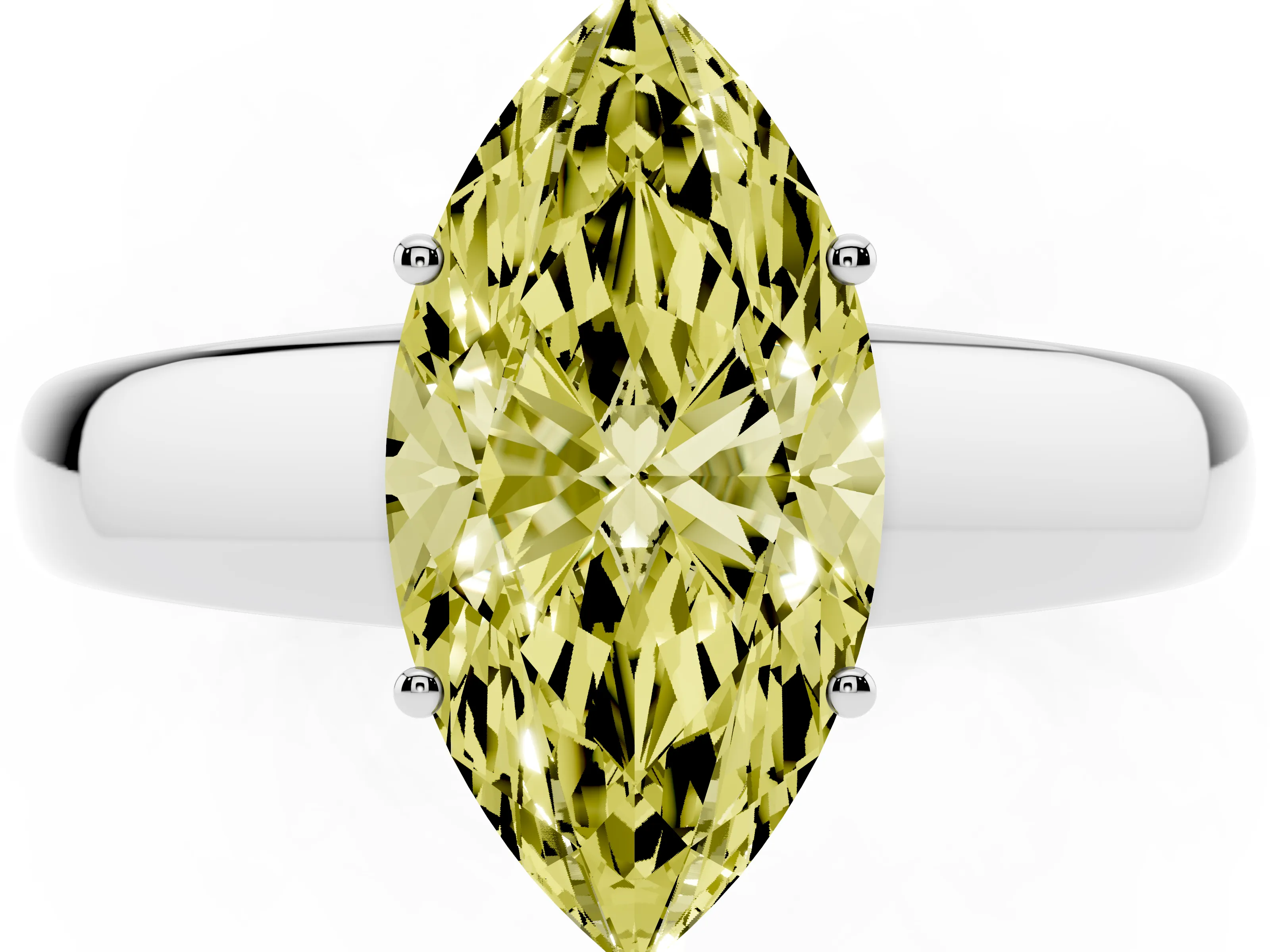 Fancy Yellow Marquise Cut Diamond Solitaire Ring Set in Silver with Tapered Band and Prong Setting