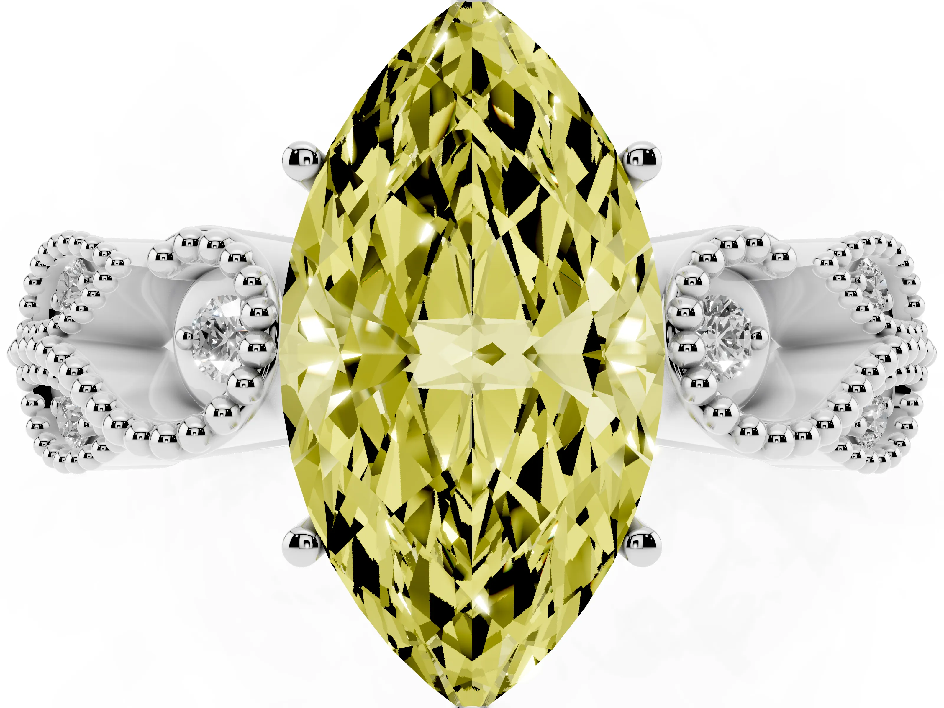 Fancy Yellow Marquise Cut Diamond Milgrain Leaf Band Solitaire Ring Set in White gold with Accent Stones and Prong Setting