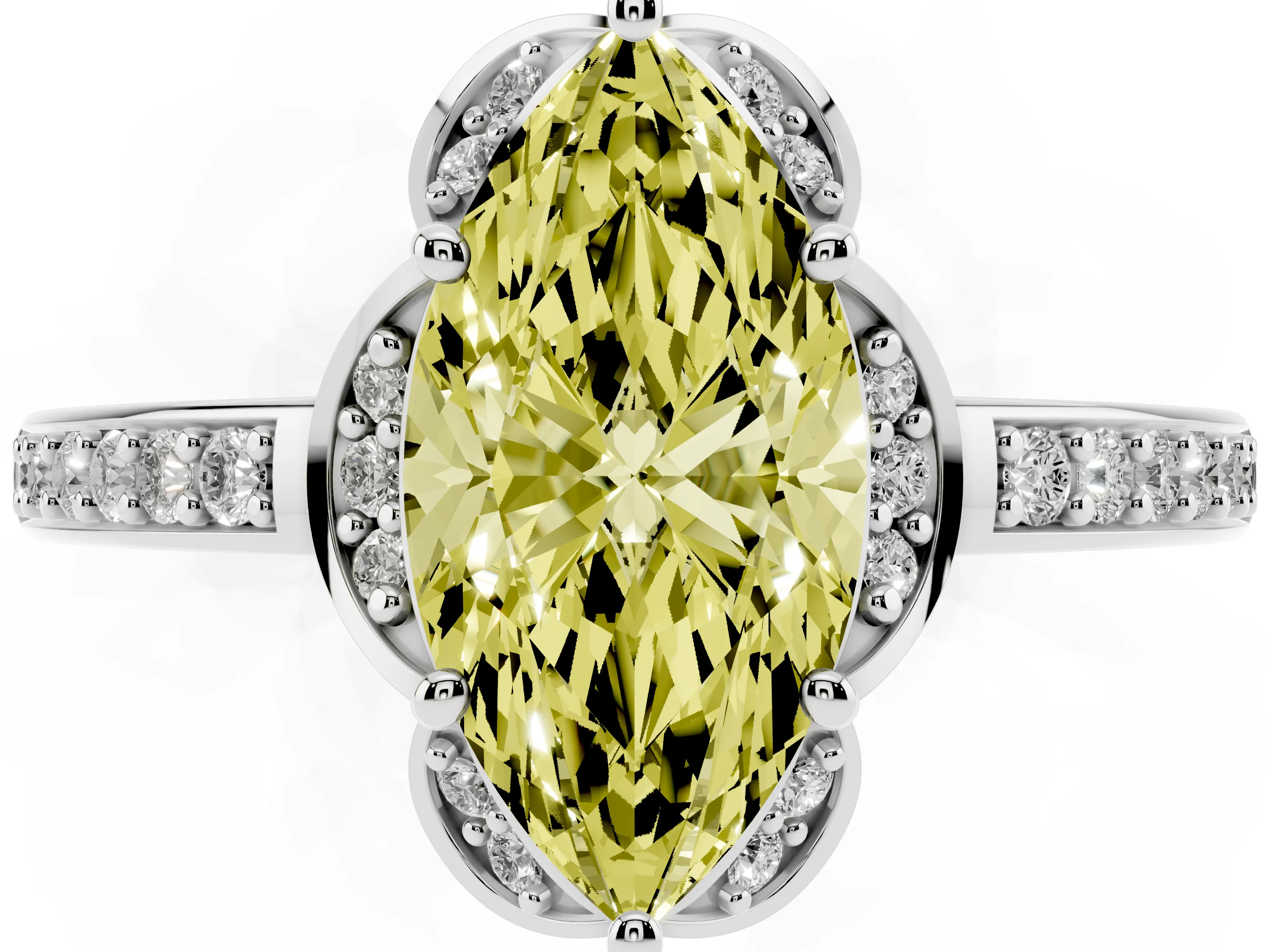 Fancy Yellow Marquise Cut Diamond Halo Ring Set in Silver with Channel Set Band and Prong Setting