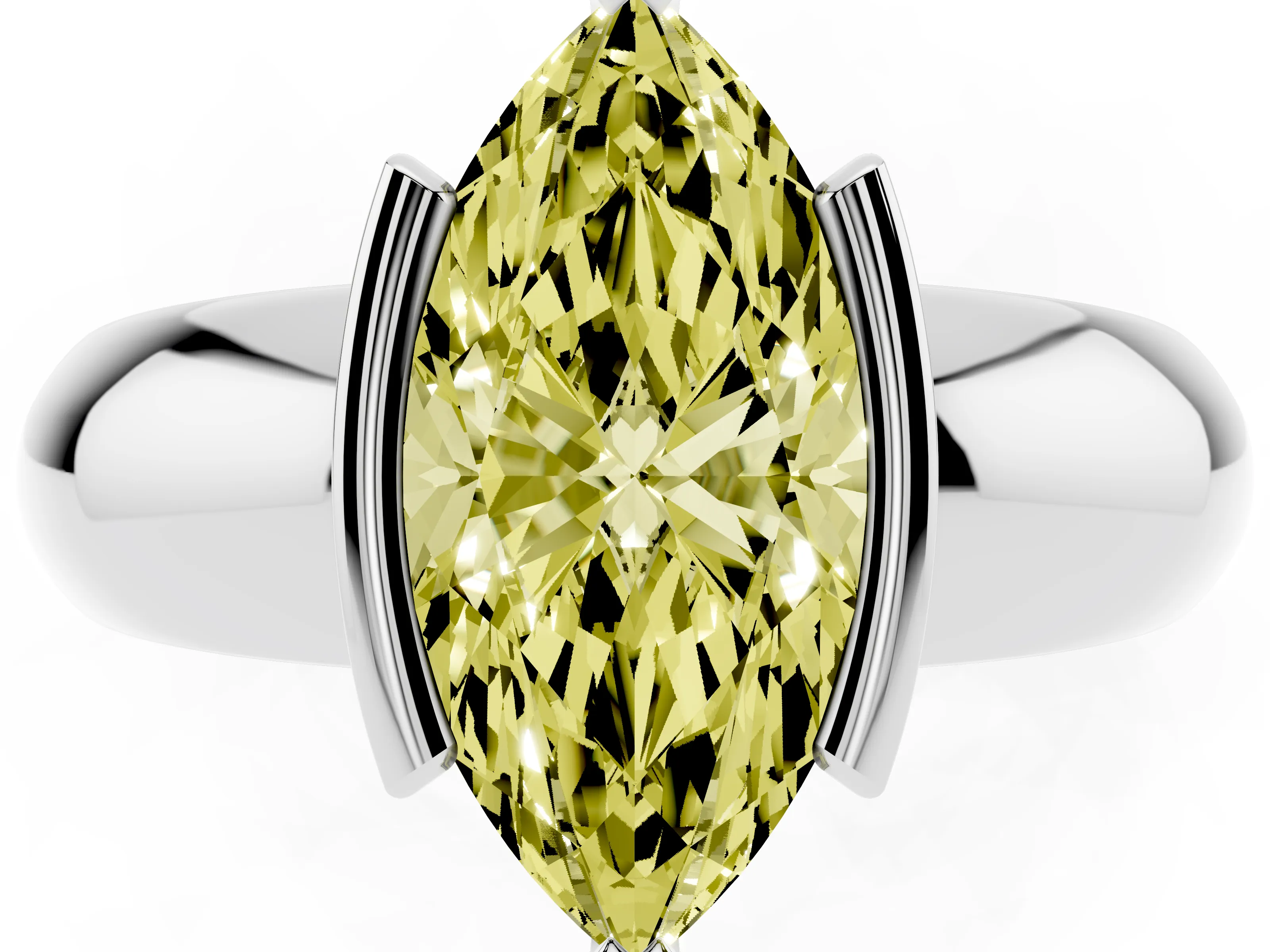 Fancy Yellow Marquise Cut Diamond Solitaire Tension Set Ring Set in Silver with Wide Band