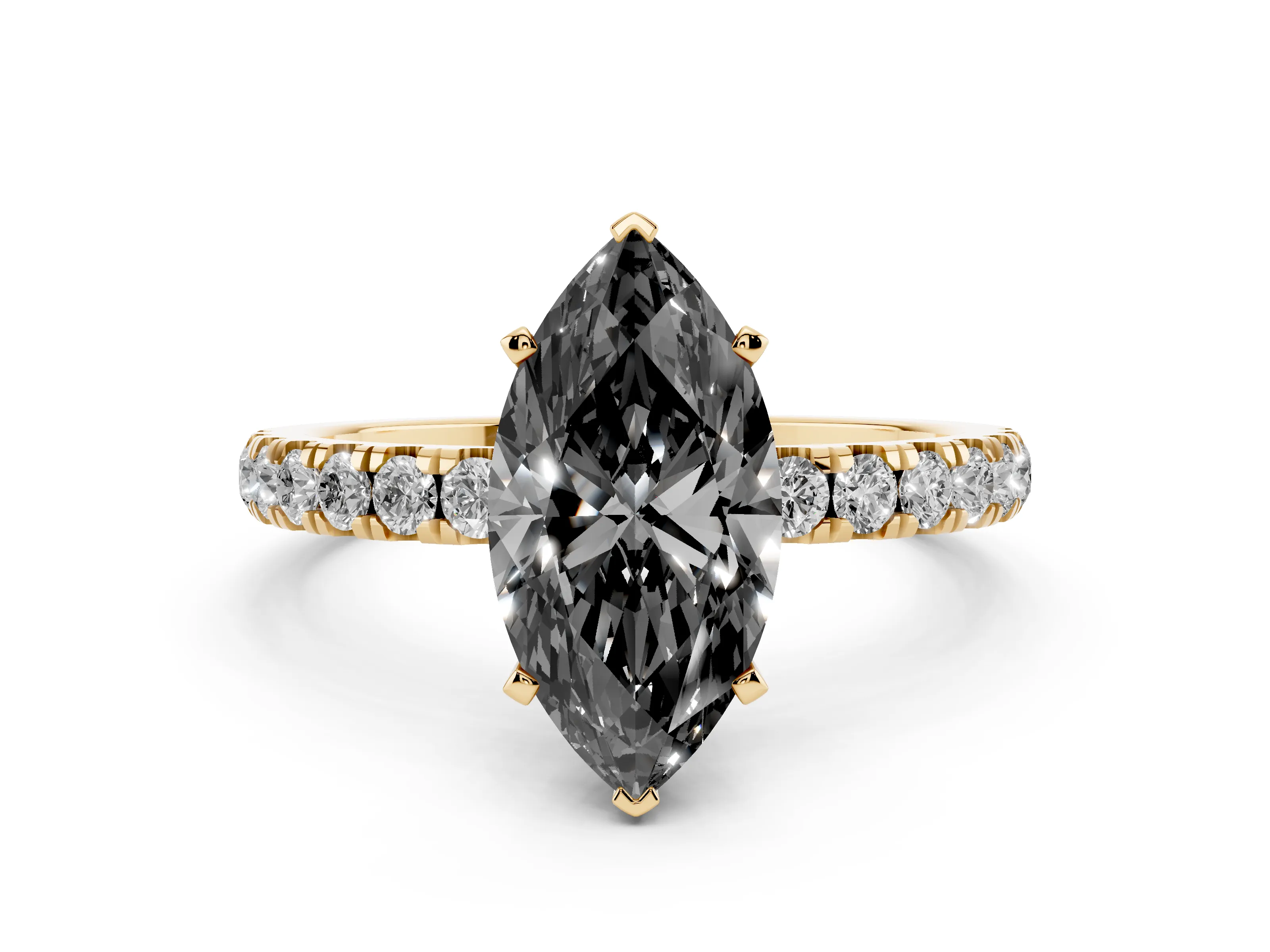 Fancy Black Marquise Cut Diamond Solitaire Ring Set in Yellow gold with Pavé Accents and Prong Setting
