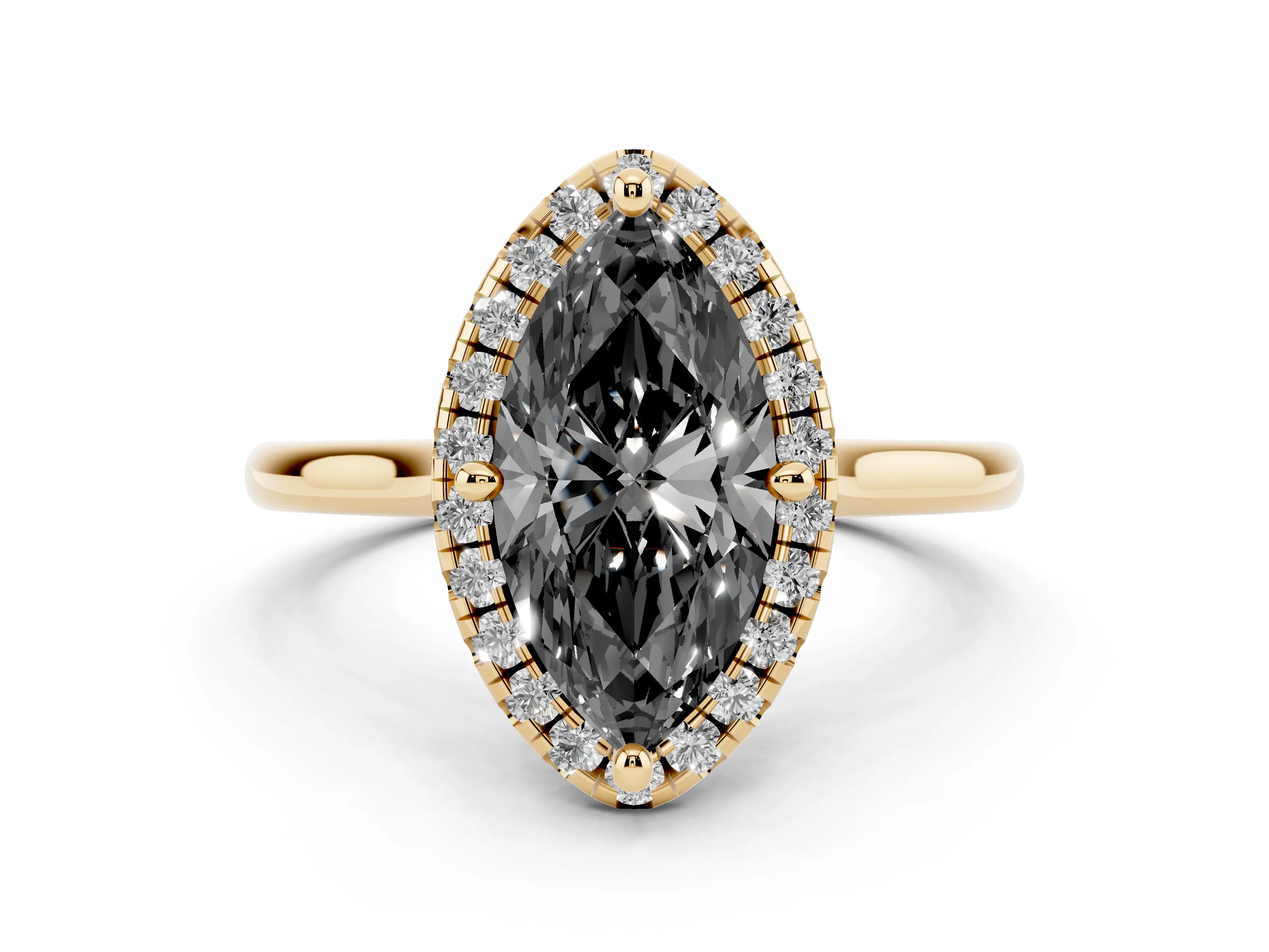 Fancy Black Marquise Cut Diamond Halo Engagement Ring Set in Yellow gold with Pavé Band and Rising Shoulders