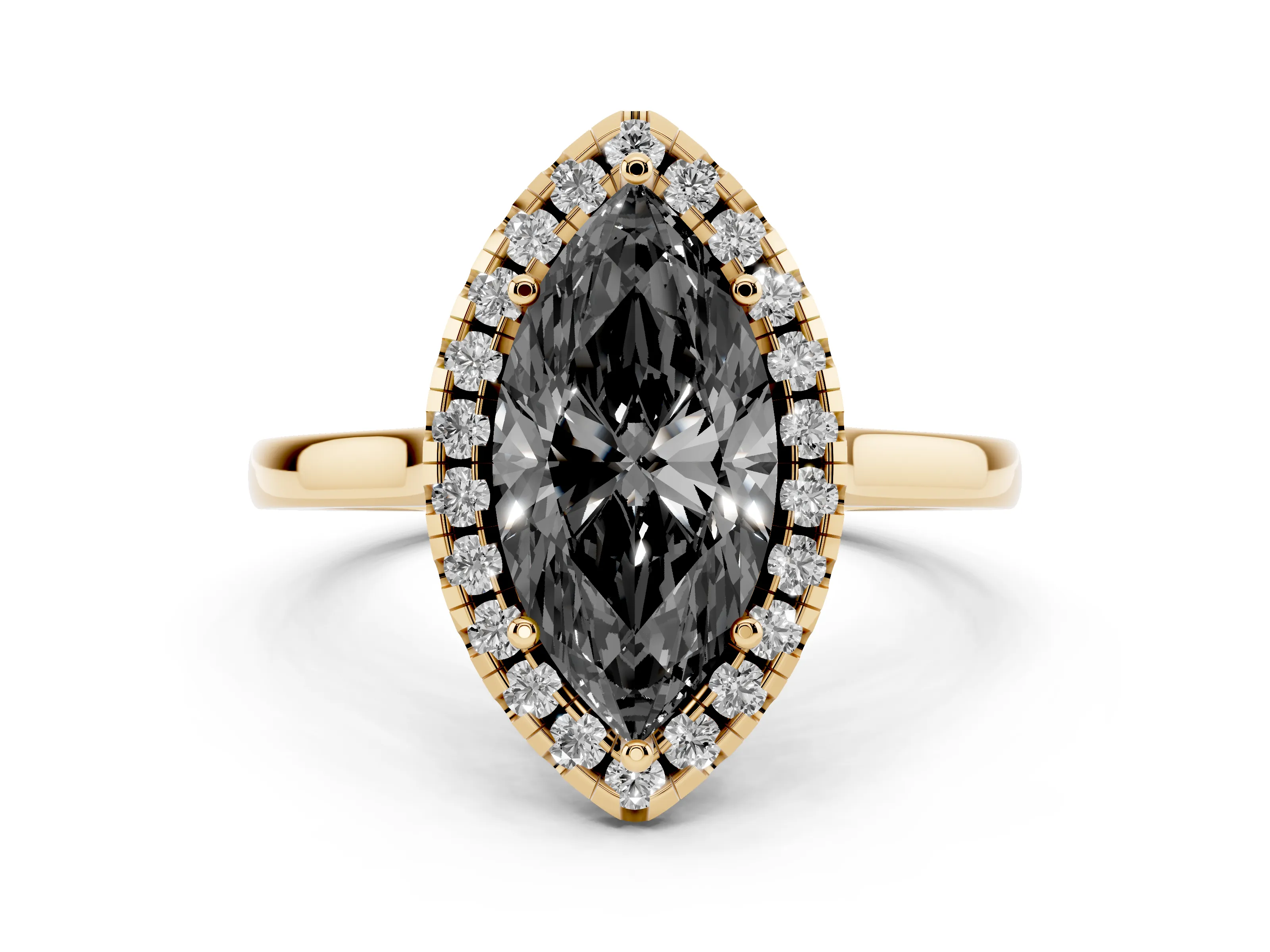 Fancy Black Marquise Cut Halo Round Diamond Solitaire Ring Set in Yellow gold with Pavé Band and Prong Setting