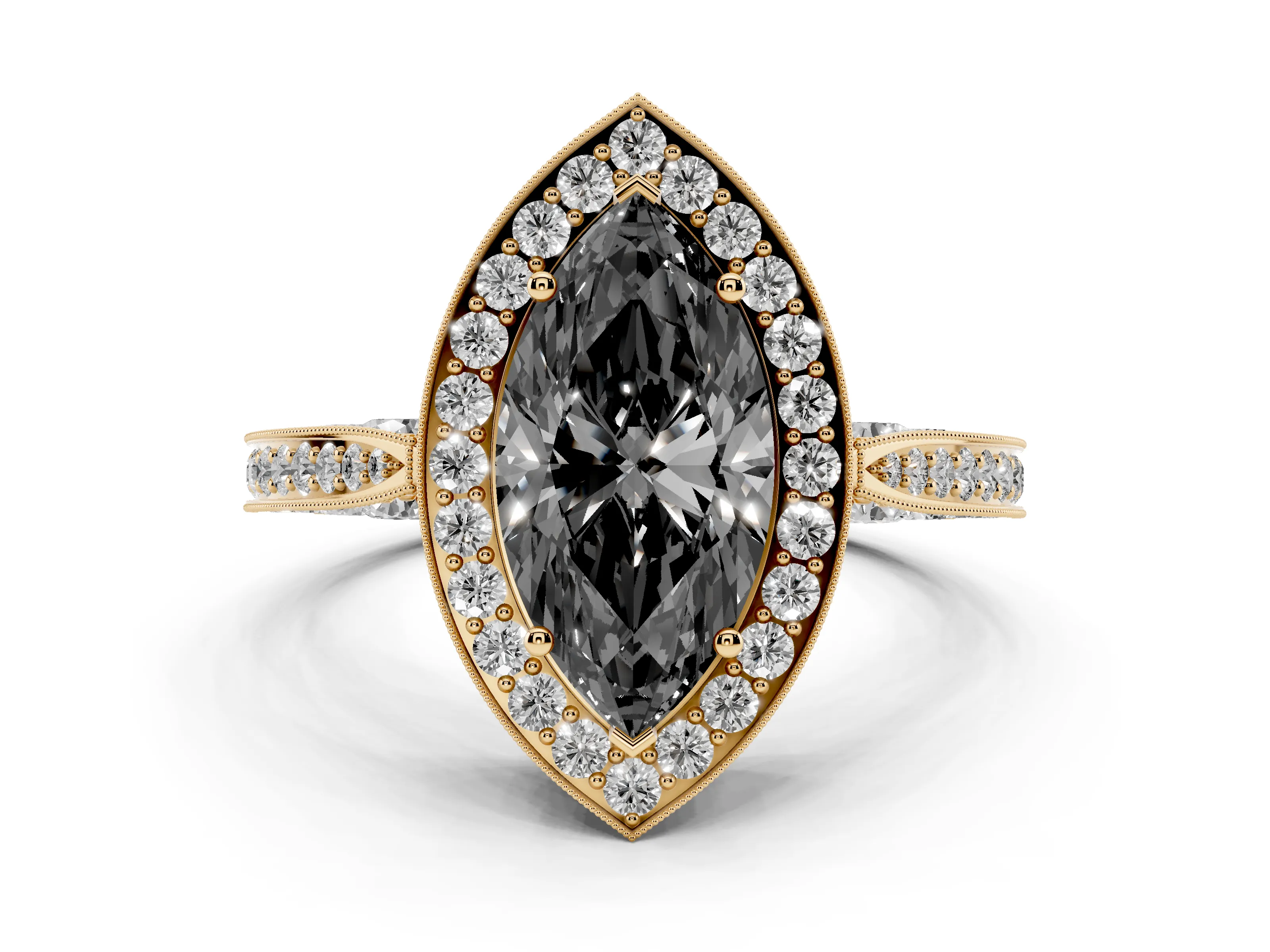 Fancy Black Marquise Cut Diamond Halo Engagement Ring Set in Yellow gold with Accent Split Shank Band