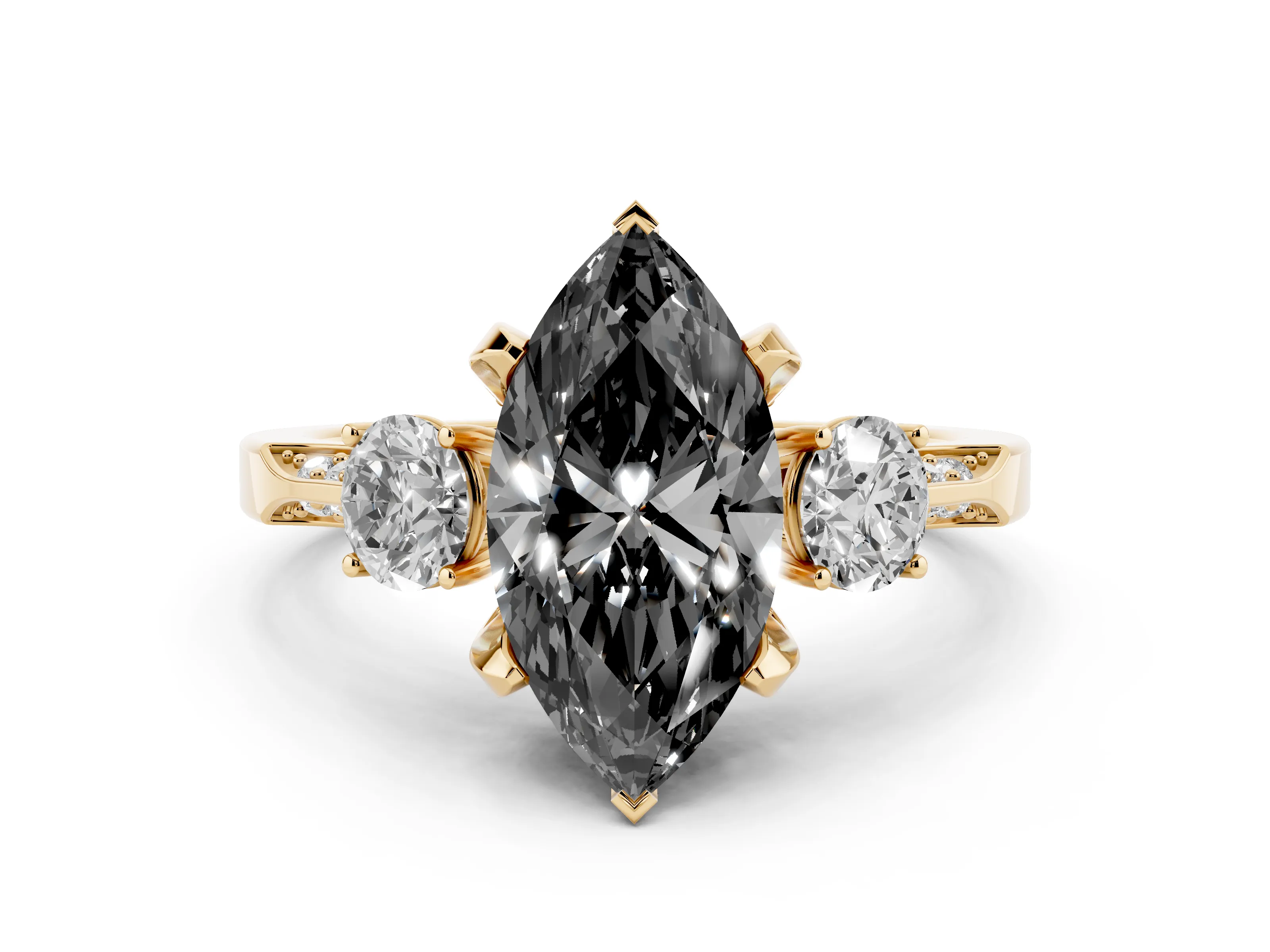 Fancy Black Marquise Cut Diamond Three-Stone Ring Set in Yellow gold with Pavé Band and Smaller Side Stones