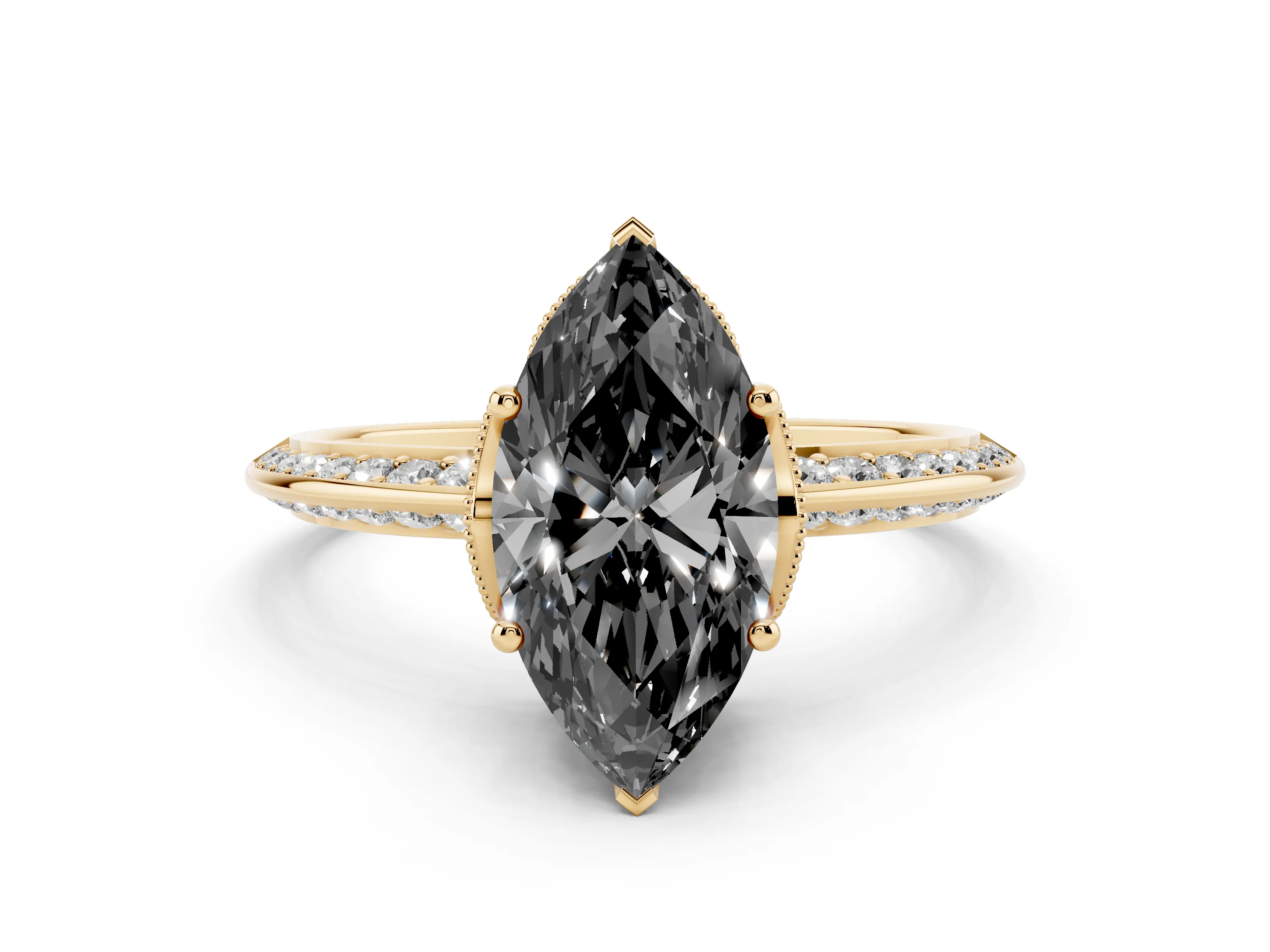 Fancy Black Marquise Cut Diamond Solitaire Engagement Ring Set in Yellow gold with Pavé Split Shank and Prong Setting