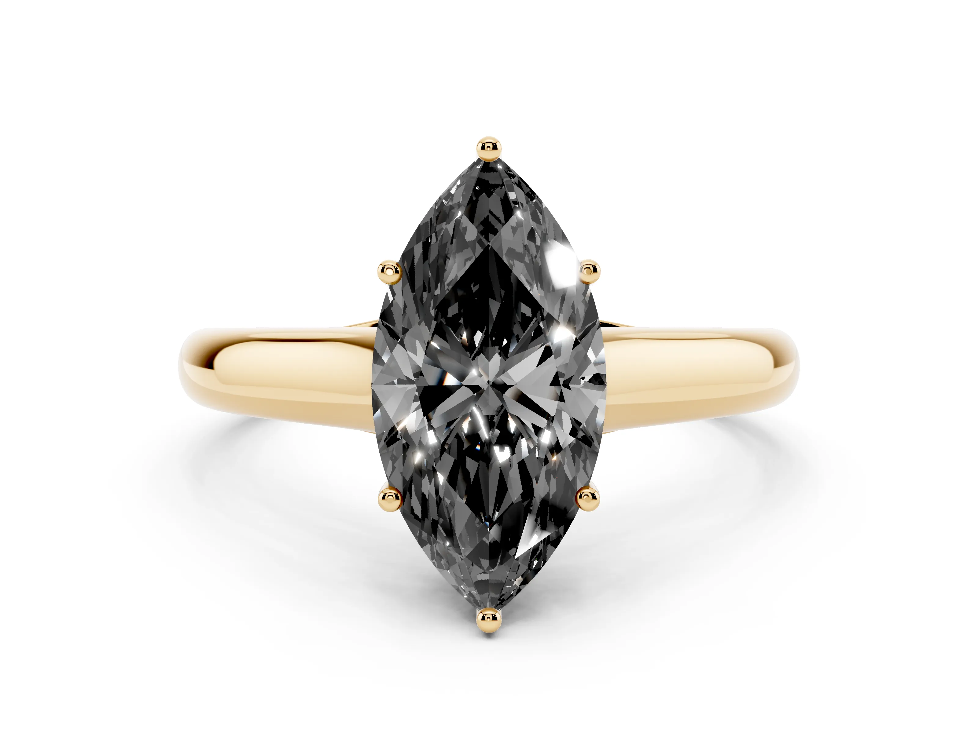 Fancy Black Marquise Cut Diamond Solitaire Engagement Ring Set in Yellow gold with Subtly Tapered Band and Prong Setting