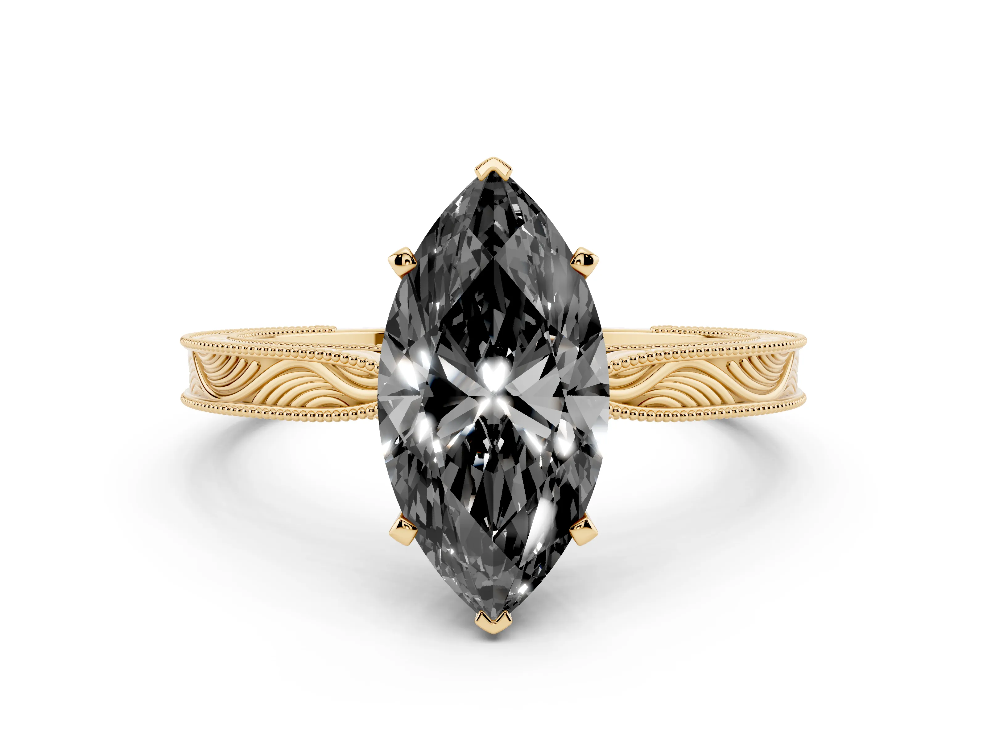 Fancy Black Marquise Cut Diamond Solitaire Milgrain Engraved Band Set in Yellow gold with Prong Setting