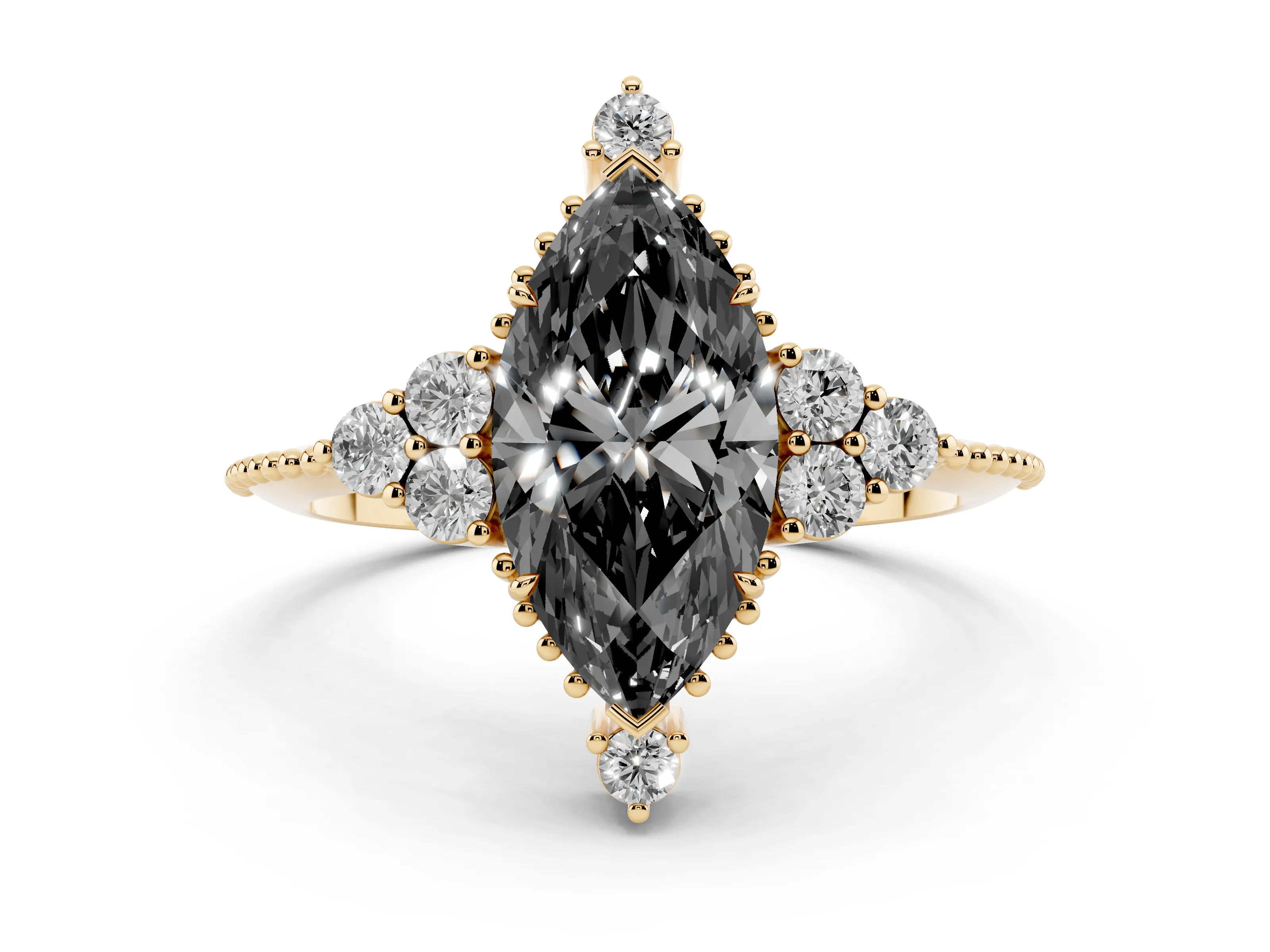 Fancy Black Marquise Cut Diamond Cluster Ring Set in Yellow gold with Beaded Band