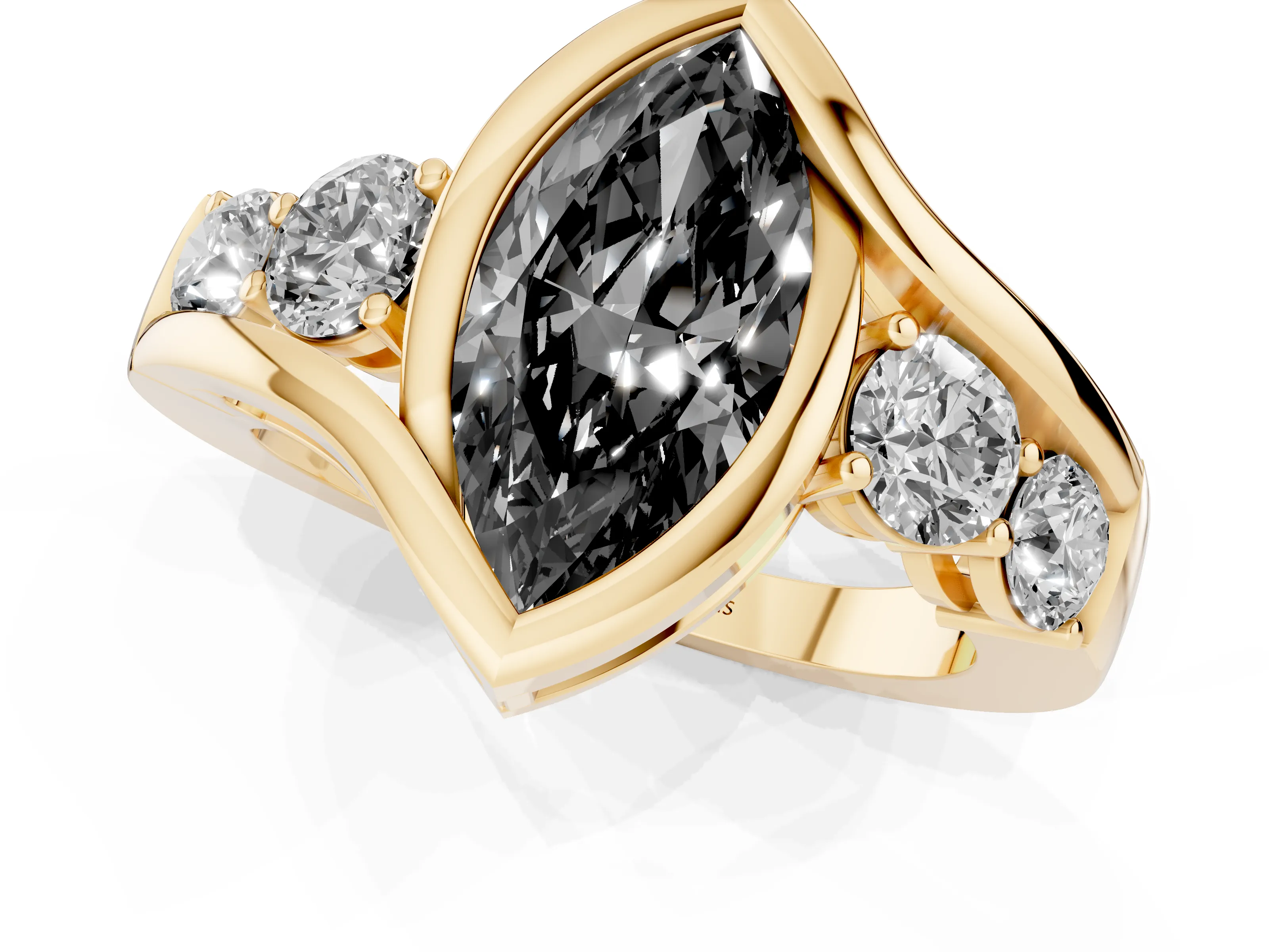 Fancy Black Marquise Cut Diamond Bezel Bypass Ring Set in Yellow gold with Round Accents