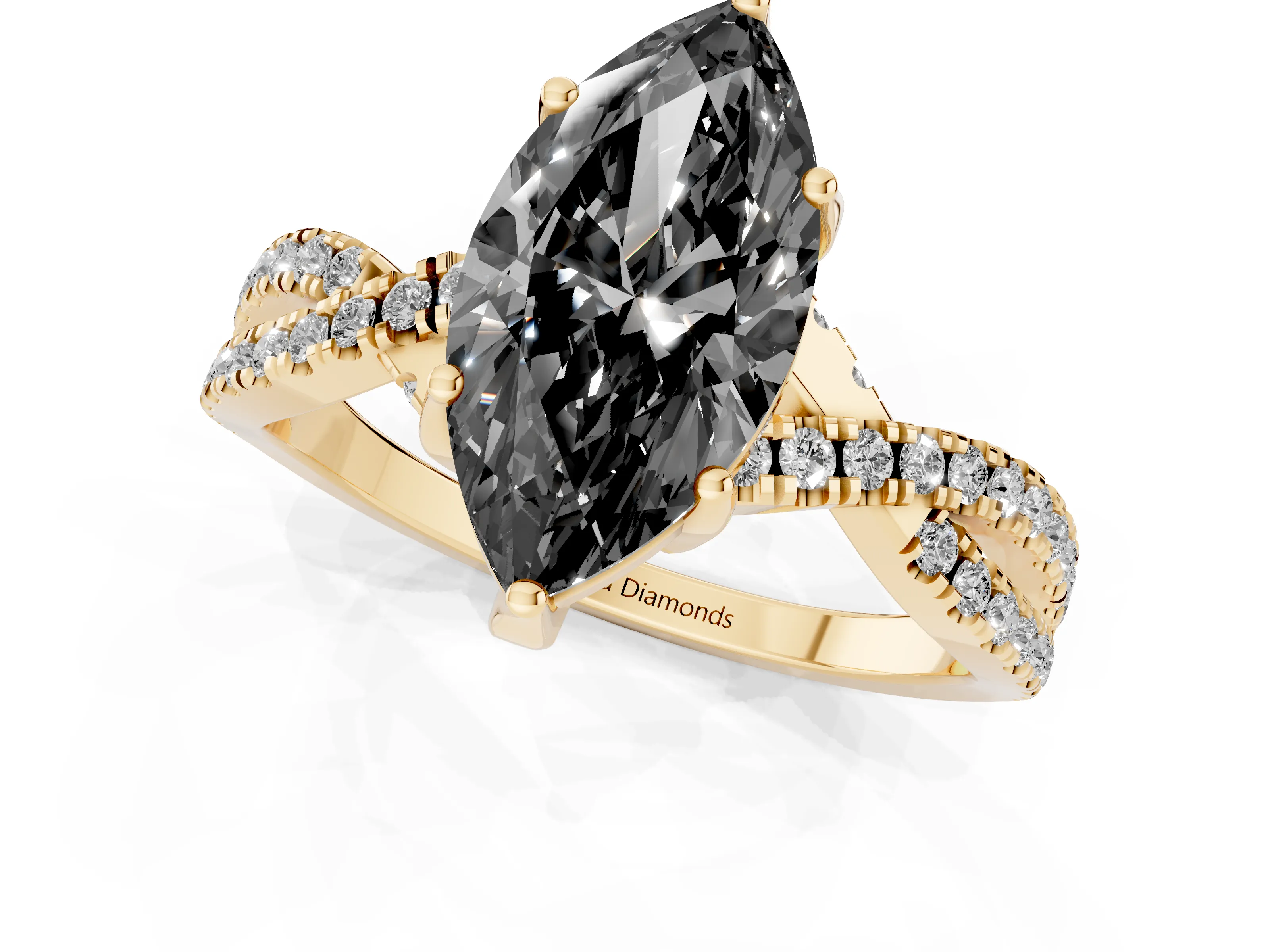 Fancy Black Marquise Cut Diamond Twist Pavé Solitaire Engagement Ring Set in Yellow gold with Prong Setting