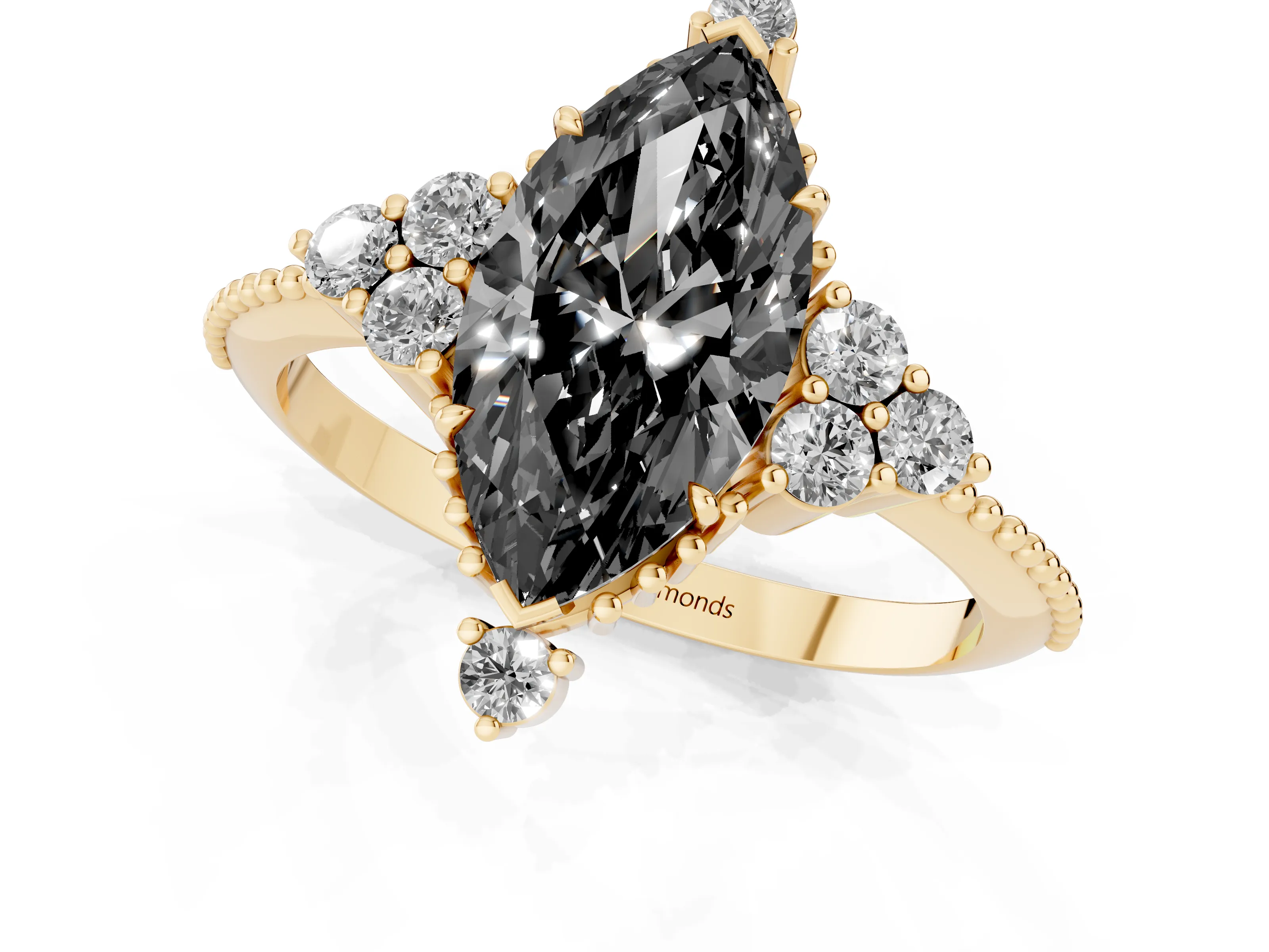 Fancy Black Marquise Cut Diamond Cluster Ring Set in Yellow gold with Beaded Band