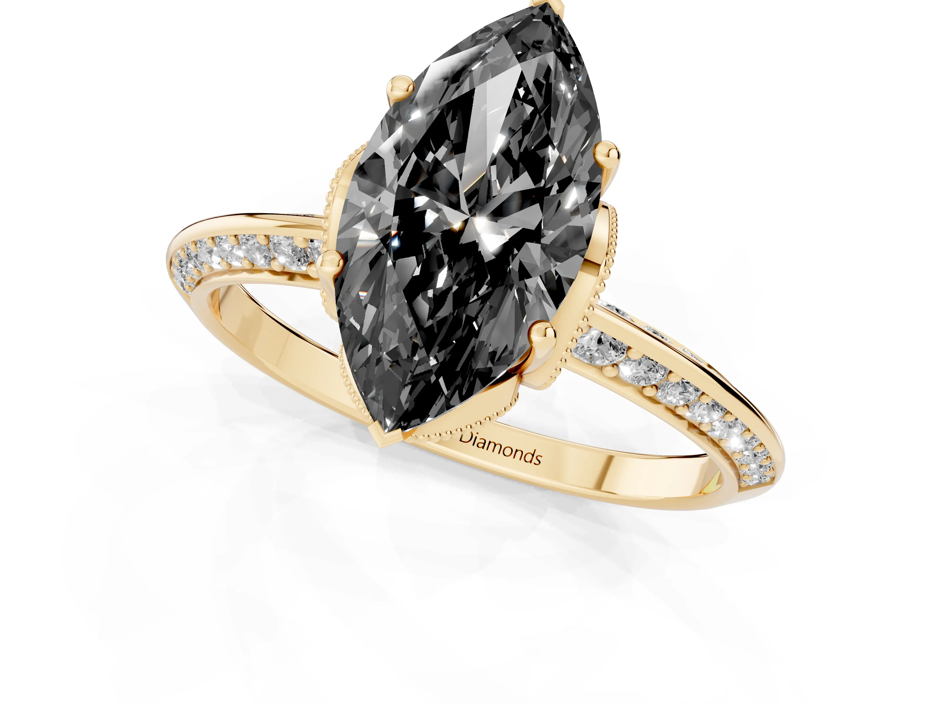 Fancy Black Marquise Cut Diamond Solitaire Engagement Ring Set in Yellow gold with Pavé Split Shank and Prong Setting