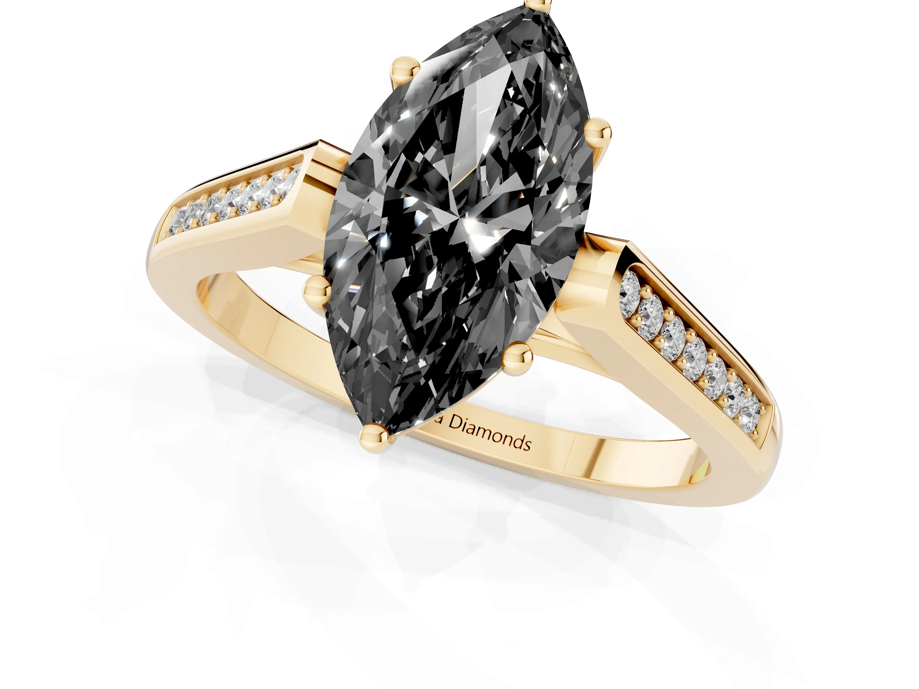 Fancy Black Marquise Cut Diamond Solitaire Cathedral Engagement Ring Set in Yellow gold with Channel-Set Band and Prong Setting