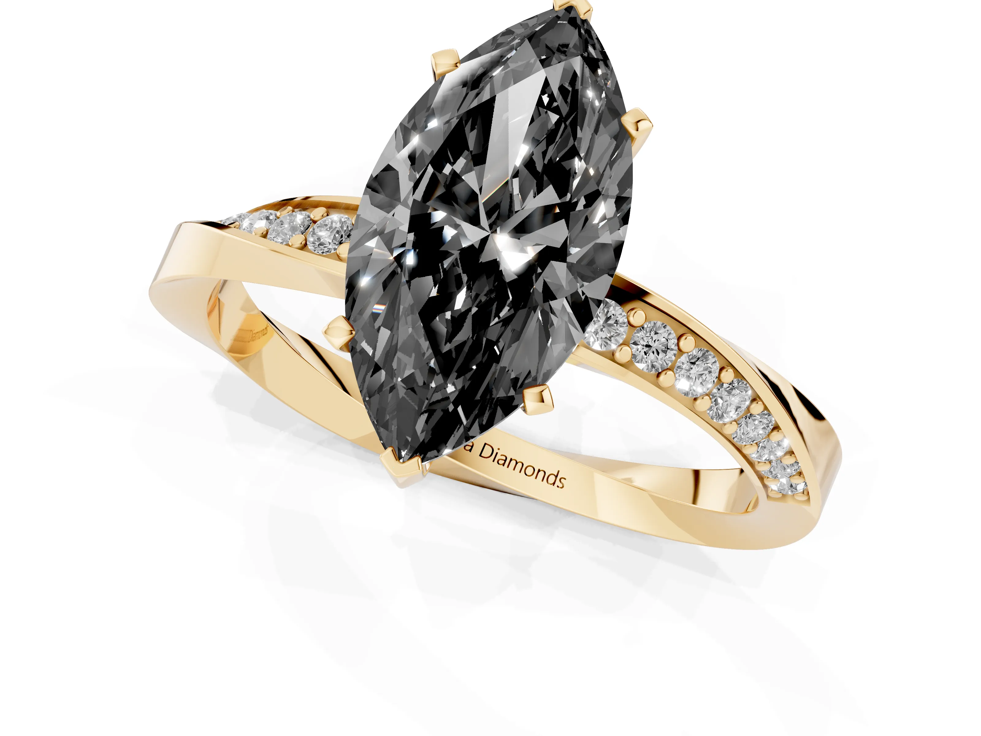 Fancy Black Marquise Cut Diamond Engagement Ring Set in Yellow gold with Side Stone Accents and Prong Setting