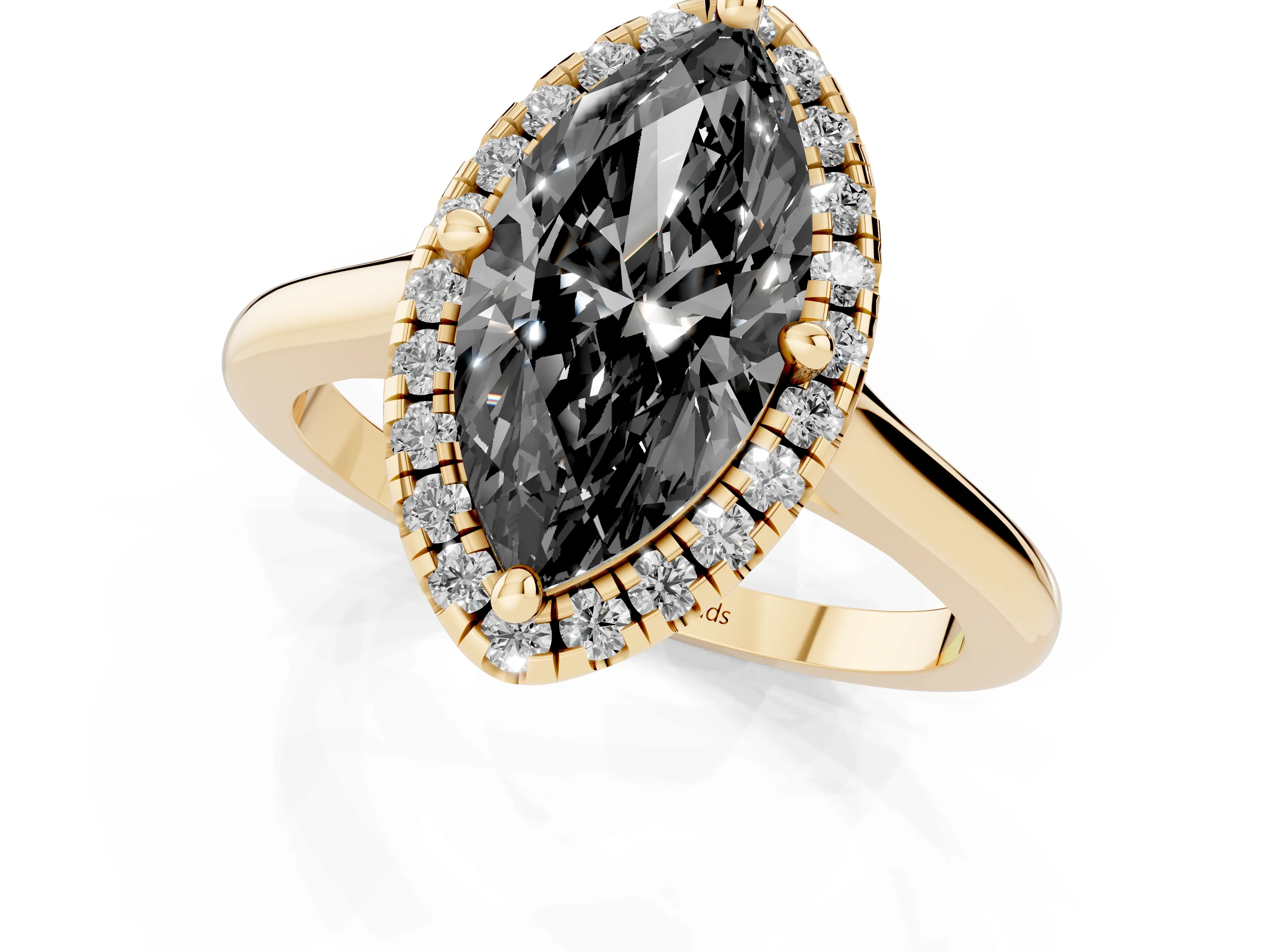 Fancy Black Marquise Cut Diamond Halo Engagement Ring Set in Yellow gold with Pavé Band and Rising Shoulders