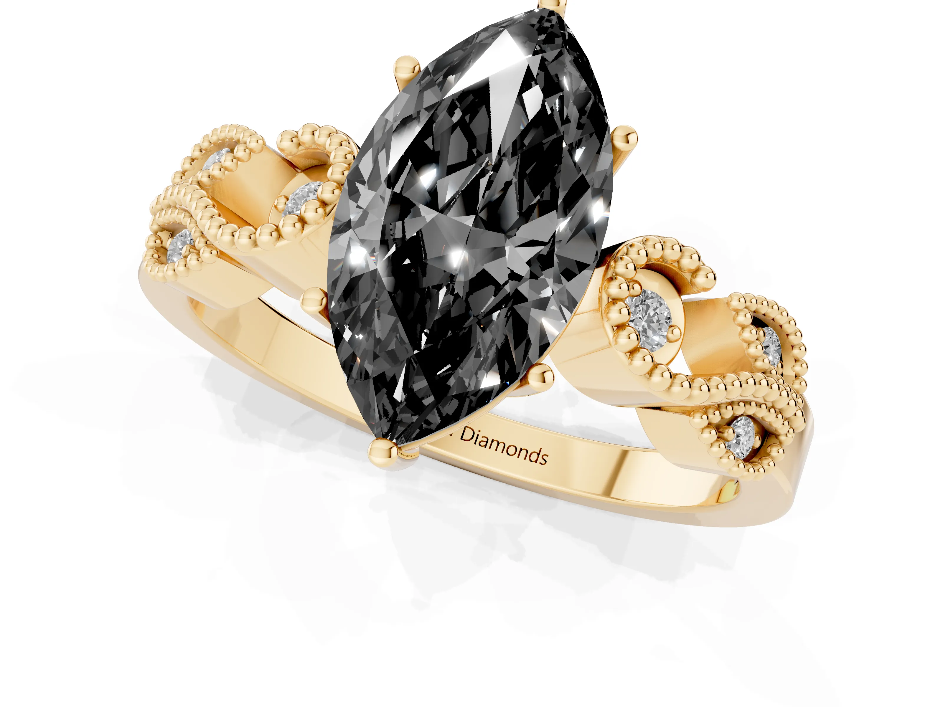 Fancy Black Marquise Cut Diamond Milgrain Leaf Band Solitaire Ring Set in Yellow gold with Accent Stones and Prong Setting