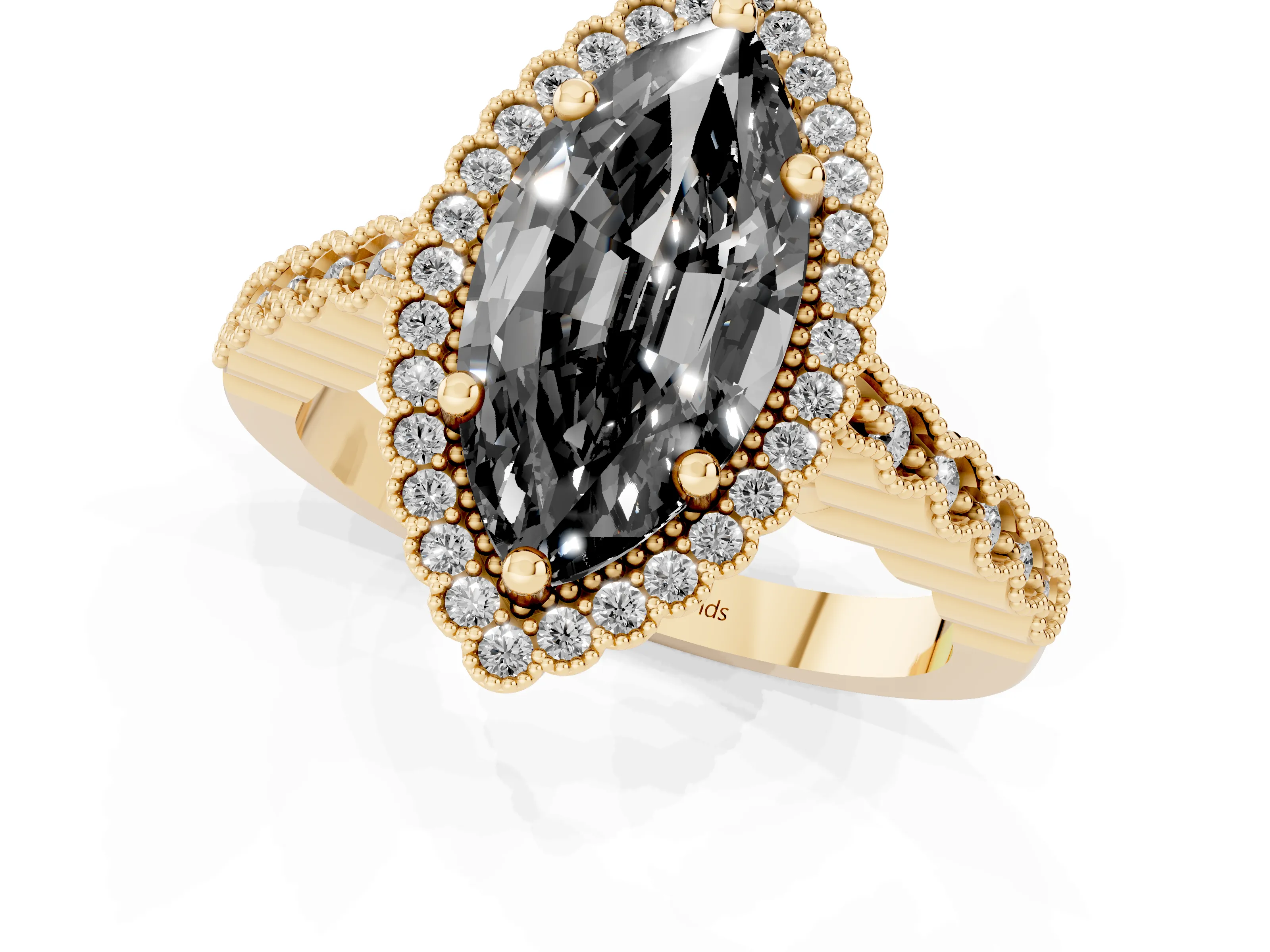 Fancy Black Marquise Cut Diamond Halo Ring Set in Yellow gold with Pavé Milgrain Band