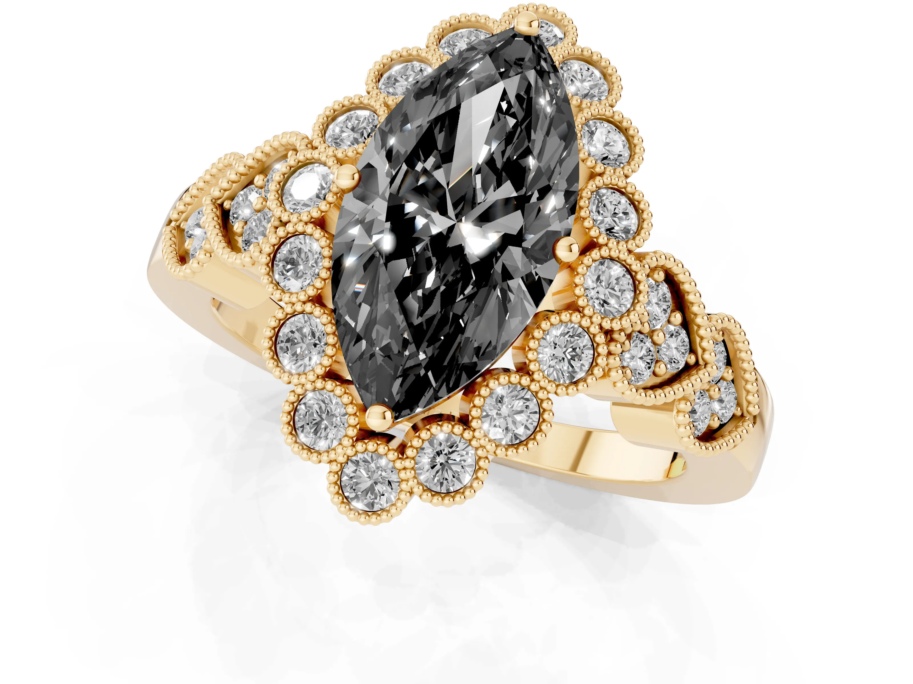 Fancy Black Marquise Cut Diamond Solitaire Ring Set in Yellow gold with Milgrain Pavé Heart Band