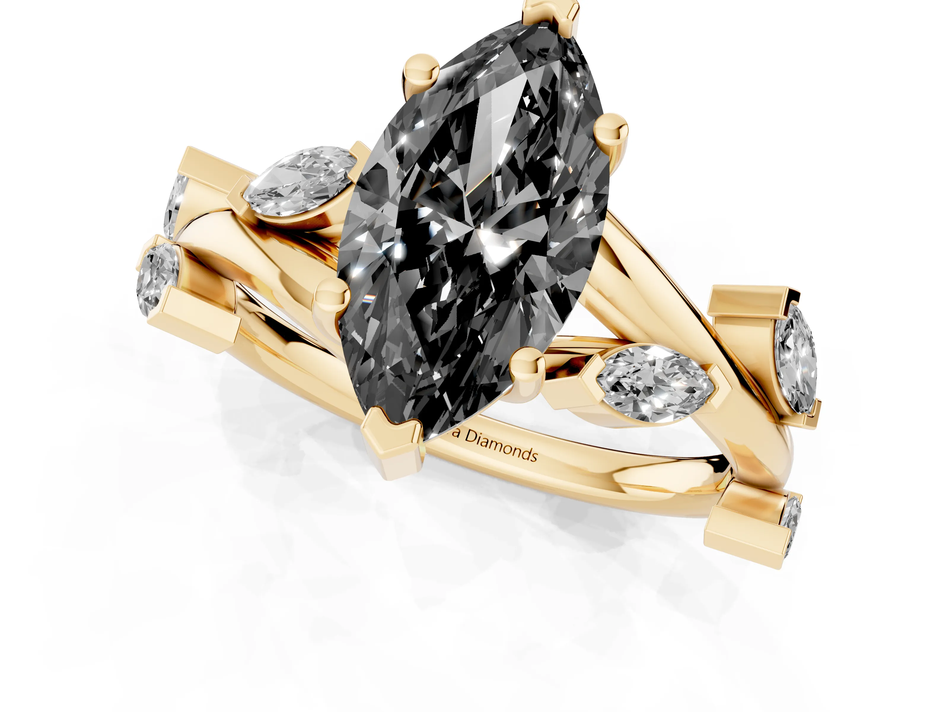 Fancy Black Marquise Cut Diamond Solitaire Ring Set in Yellow gold with Twisted Marquise Accent Band