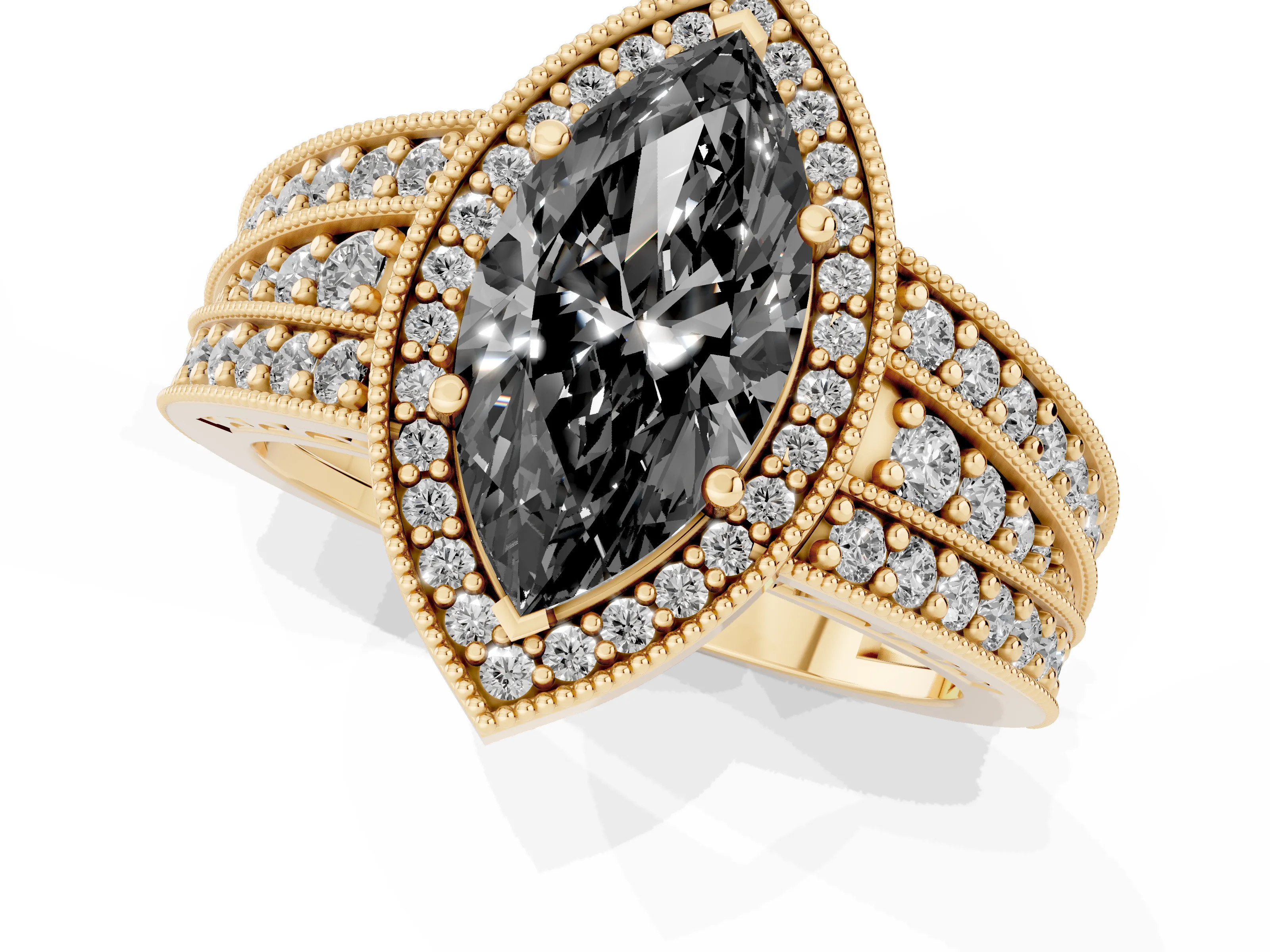 Fancy Black Marquise Cut Diamond Halo Ring Set in Yellow gold with Accent Split Shank and Prong Setting