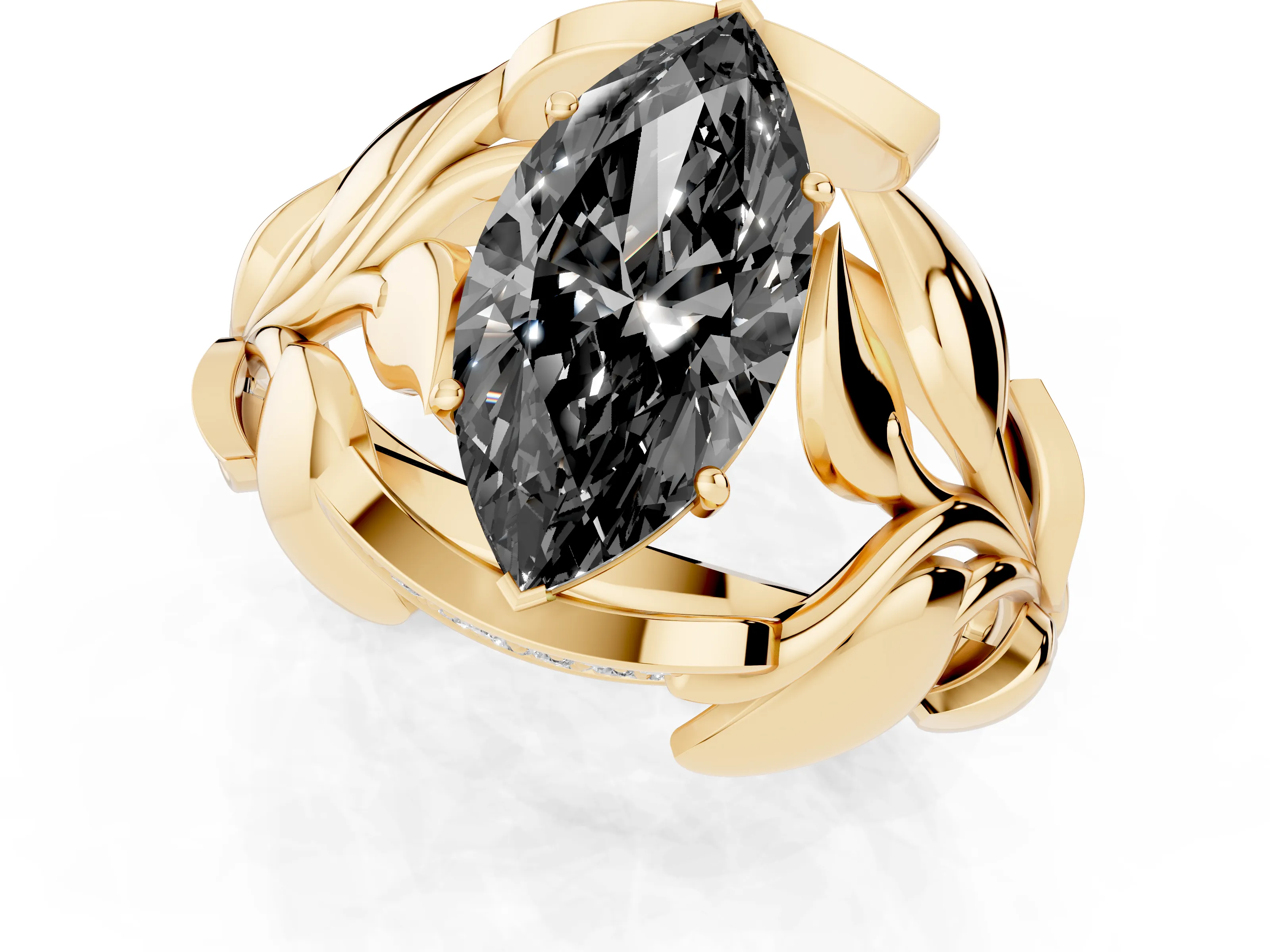 Fancy Black Marquise Cut Diamond Leaf-Inspired Engagement Ring Set in Yellow gold with Round Accents