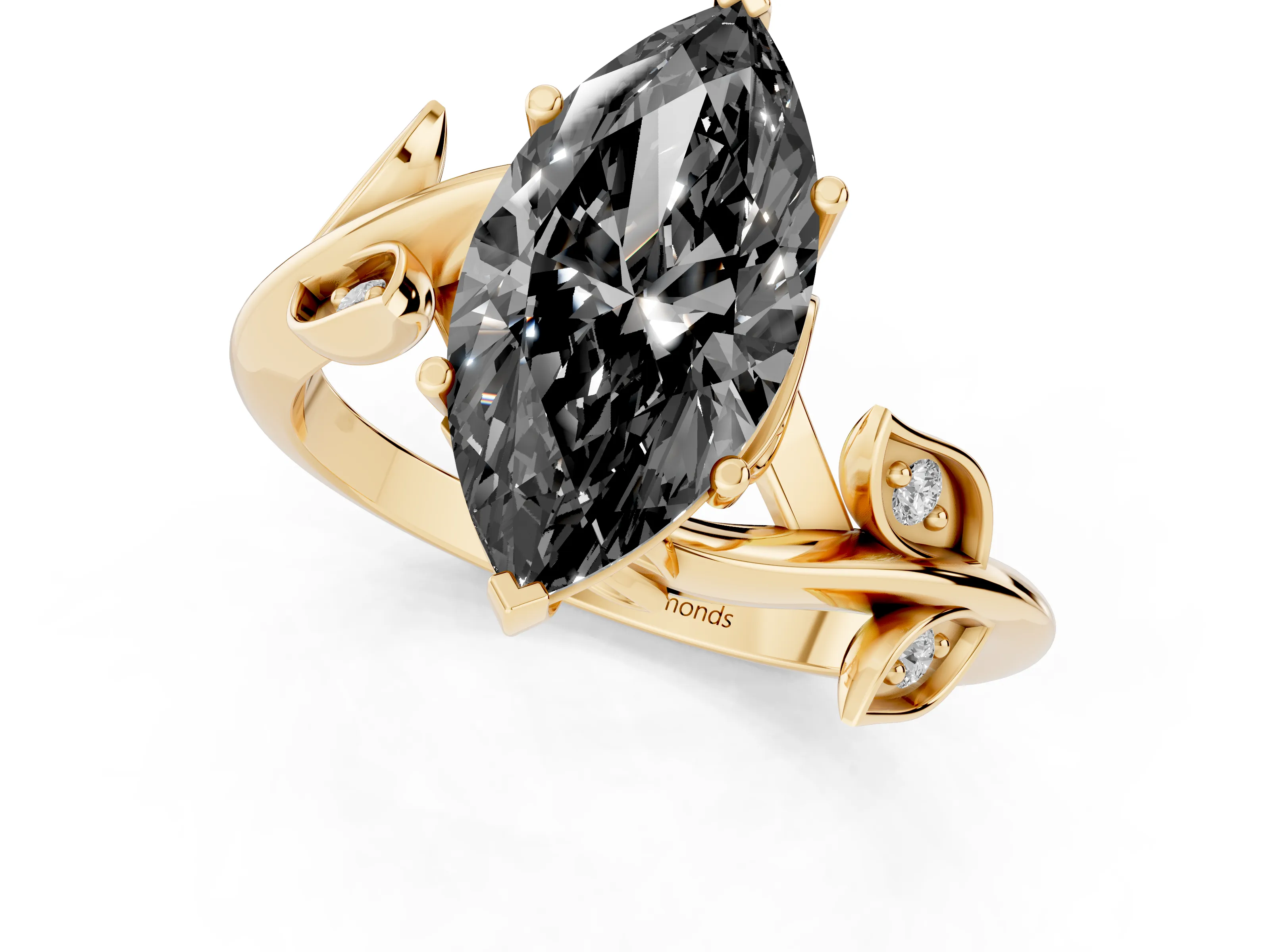 Fancy Black Marquise Cut Diamond Solitaire Twist Engagement Ring Set in Yellow gold with Pavé Leaf Accents