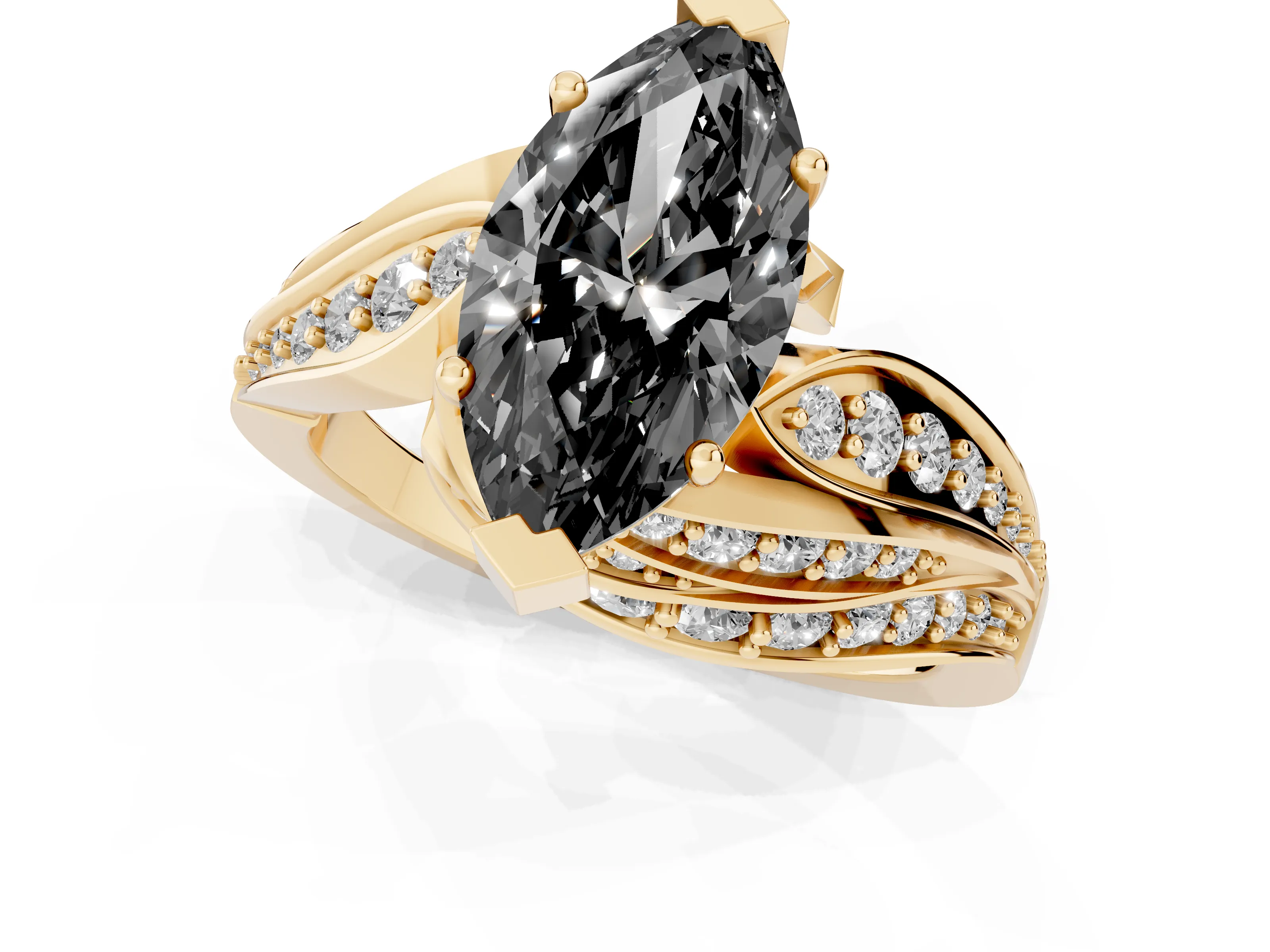 Fancy Black Marquise Cut Diamond Solitaire Ring Set in Yellow gold with Layered Twist Pavé Band