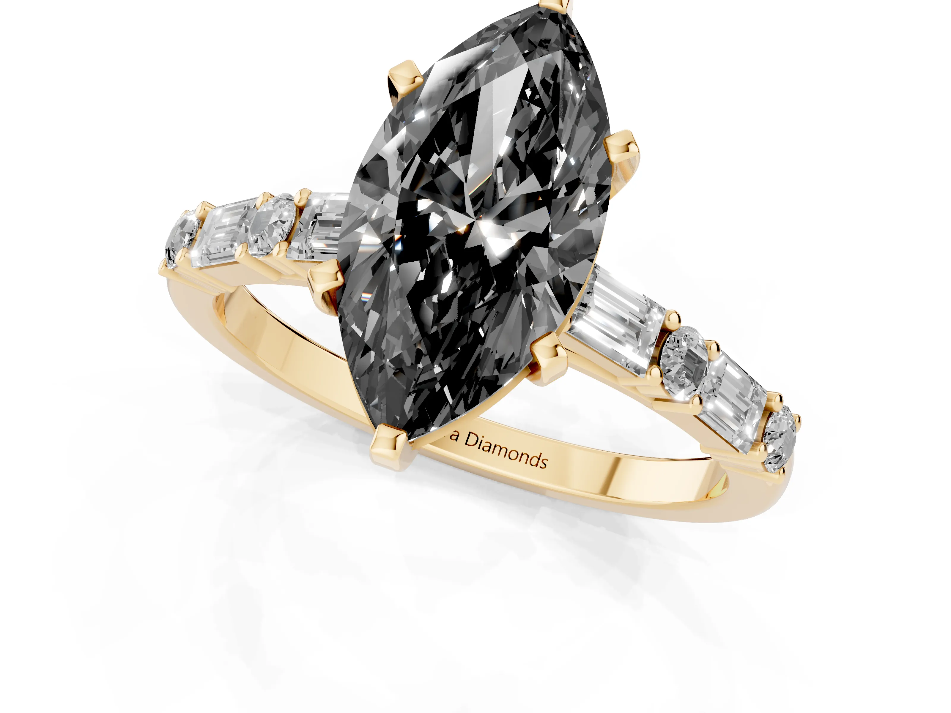Fancy Black Marquise Cut Diamond Solitaire Set in Yellow gold with Side Baguettes and Channel Set Band