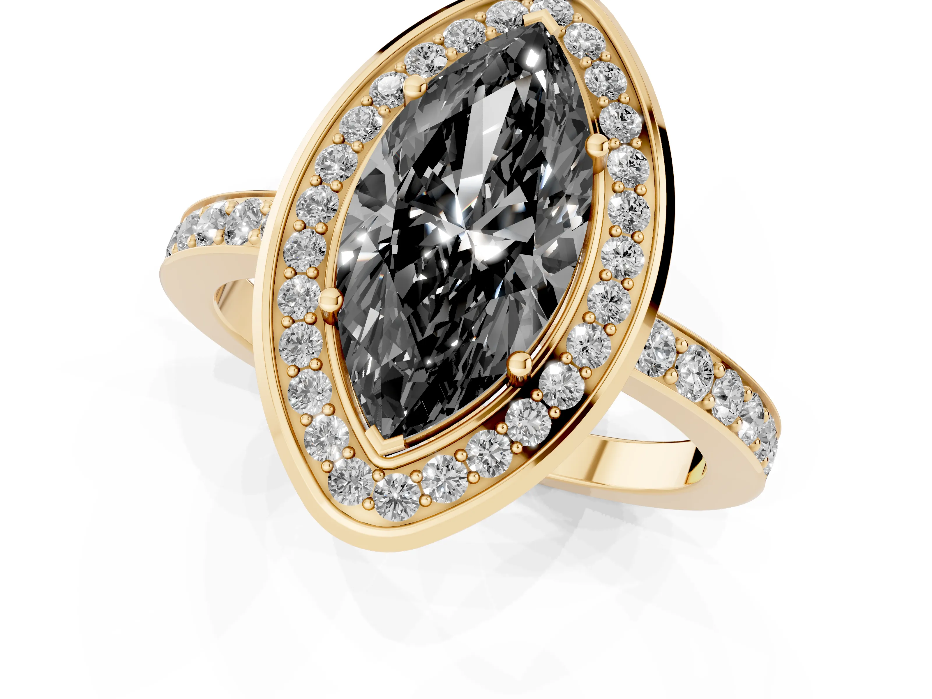 Fancy Black Marquise Cut Diamond Halo Ring Set in Yellow gold with Bezel Frame and Pavé Band