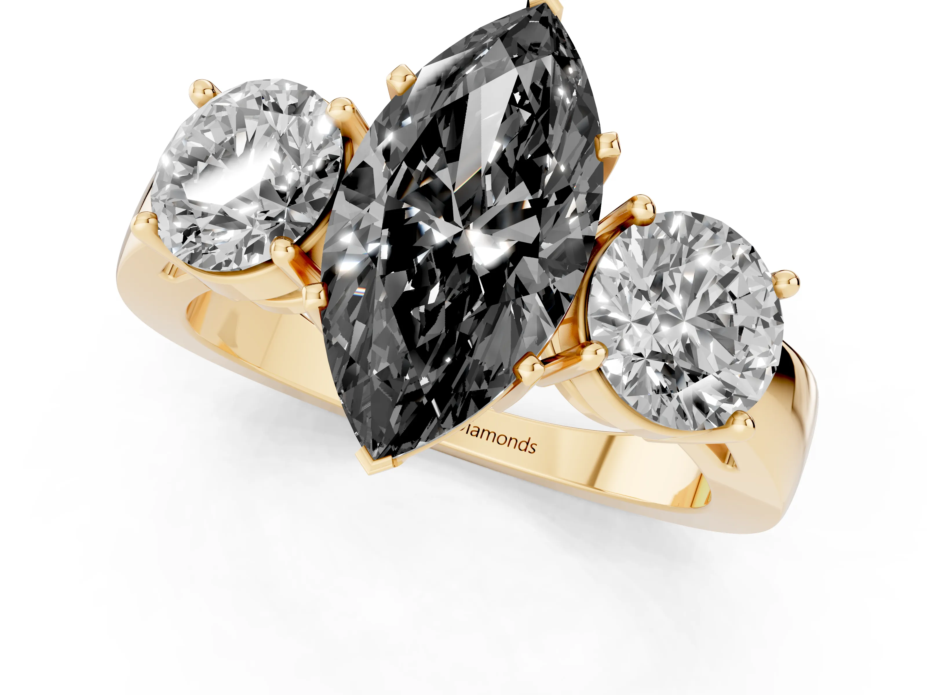 Fancy Black Marquise Cut Diamond Three-Stone Ring Set in Yellow gold with Round Side Stones and Classic Band