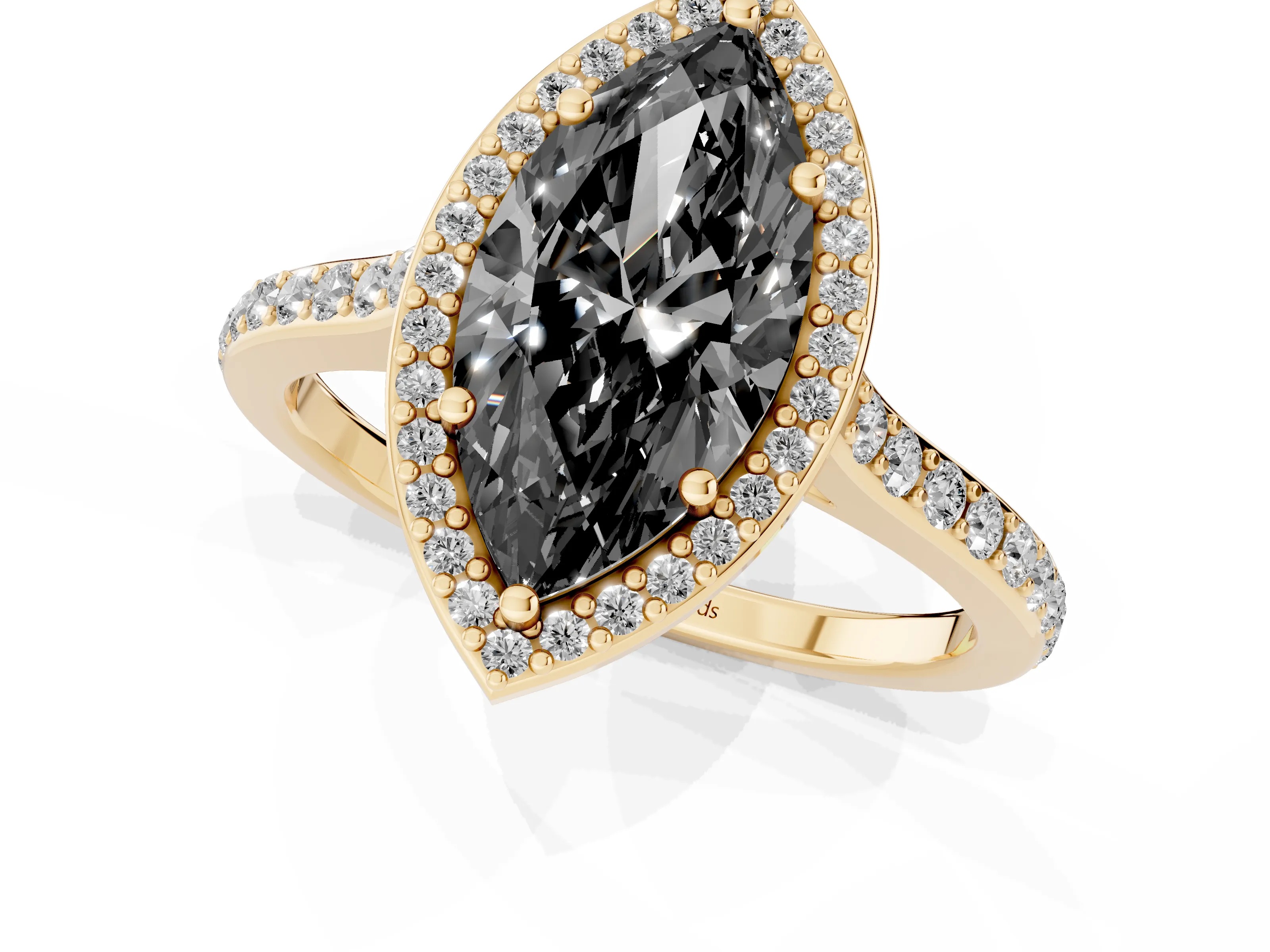 Fancy Black Marquise Cut Diamond Halo Engagement Ring Set in Yellow gold with Round Pavé Shoulders and Heart Gallery