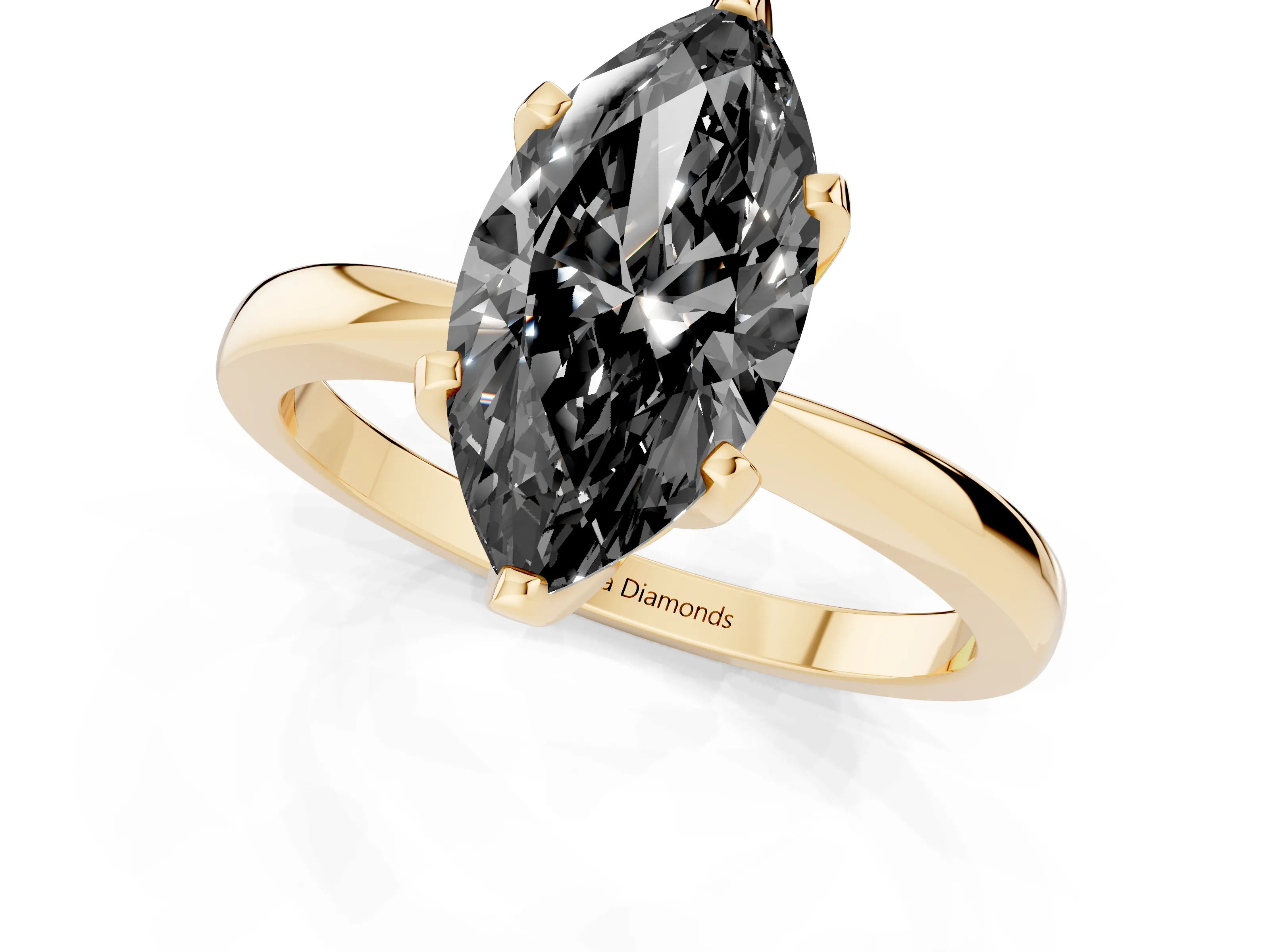 Fancy Black Marquise Cut Diamond Solitaire Engagement Ring Set in Yellow gold with Slim Tapered Solitaire Band