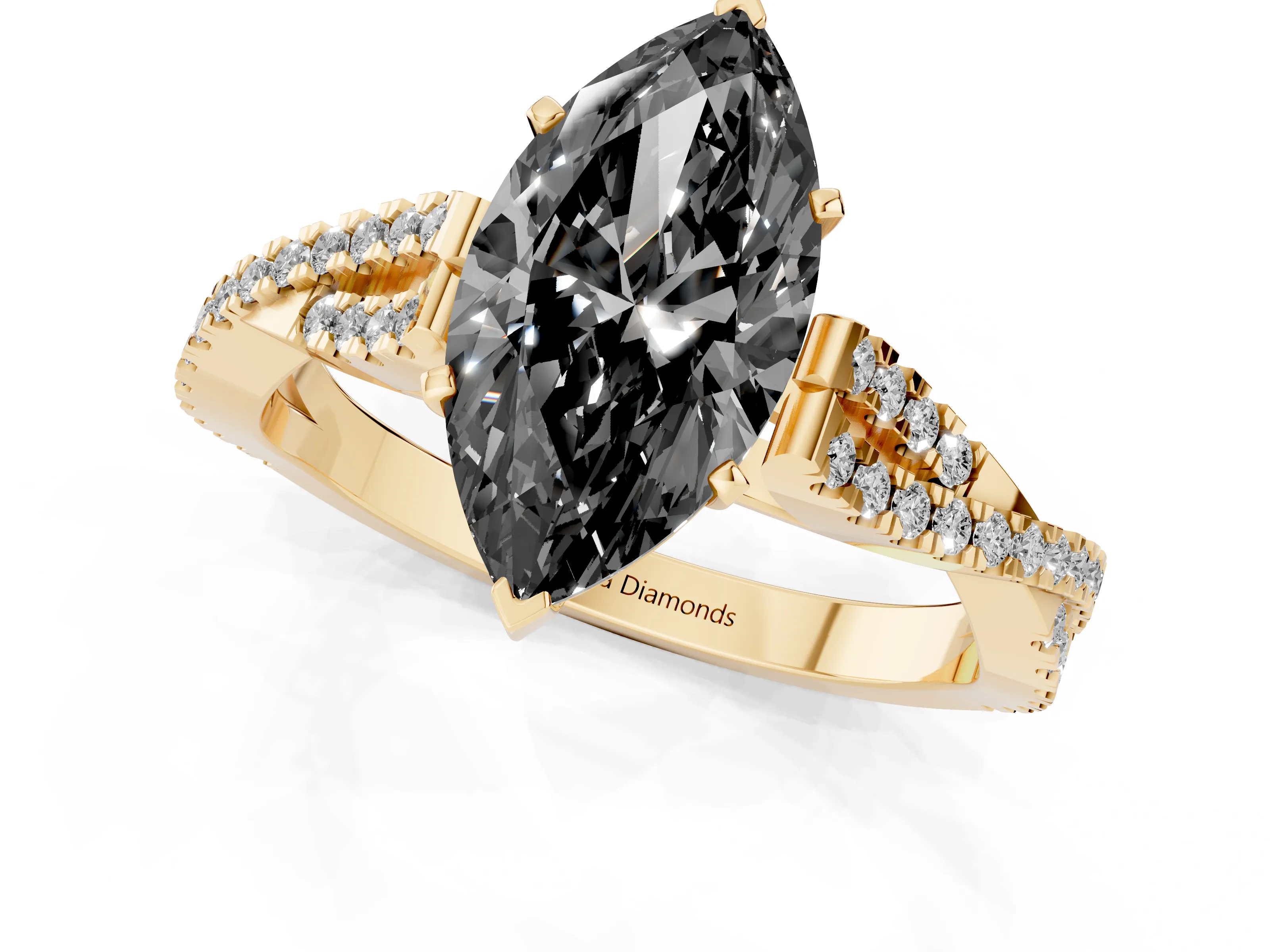 Fancy Black Marquise Cut Diamond Solitaire Engagement Ring Set in Yellow gold with Twisted Pavé Band and Prong Setting