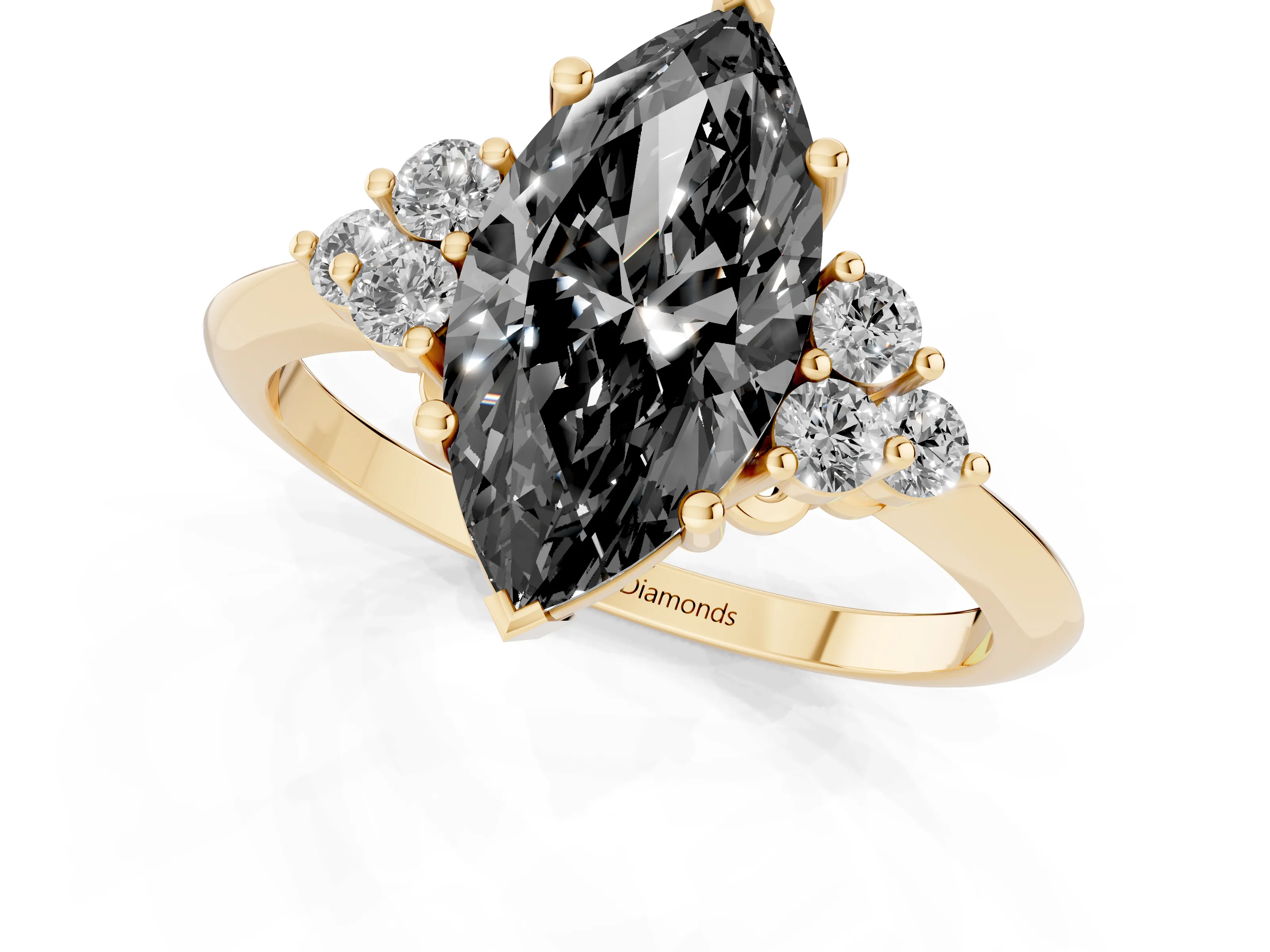Fancy Black Marquise Cut Diamond Cluster Ring Set in Yellow gold with Plain Band and Prong Setting