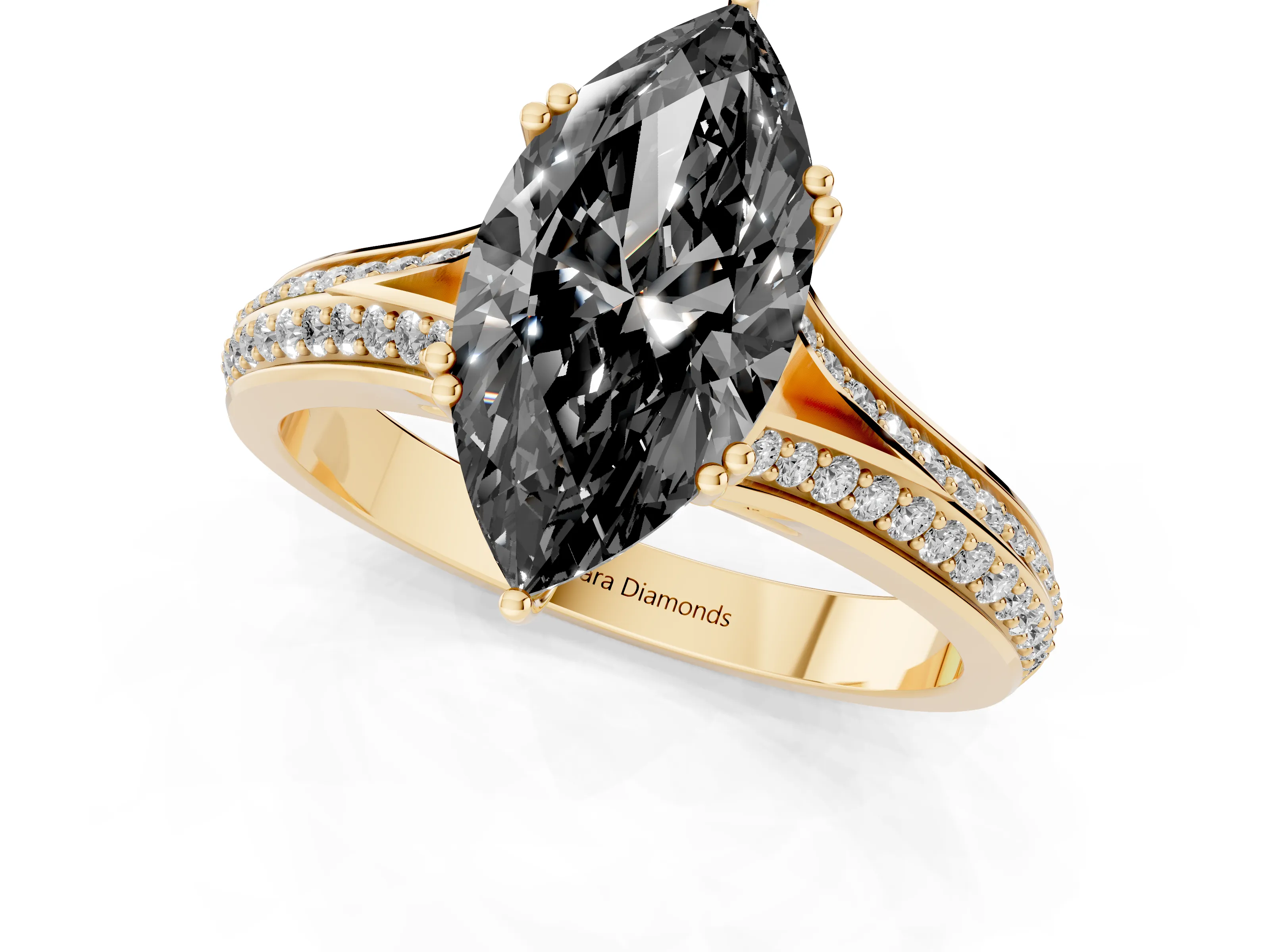 Fancy Black Marquise Cut Diamond Split Shank Pavé Engagement Ring Set in Yellow gold with Prong-Set Center Stone