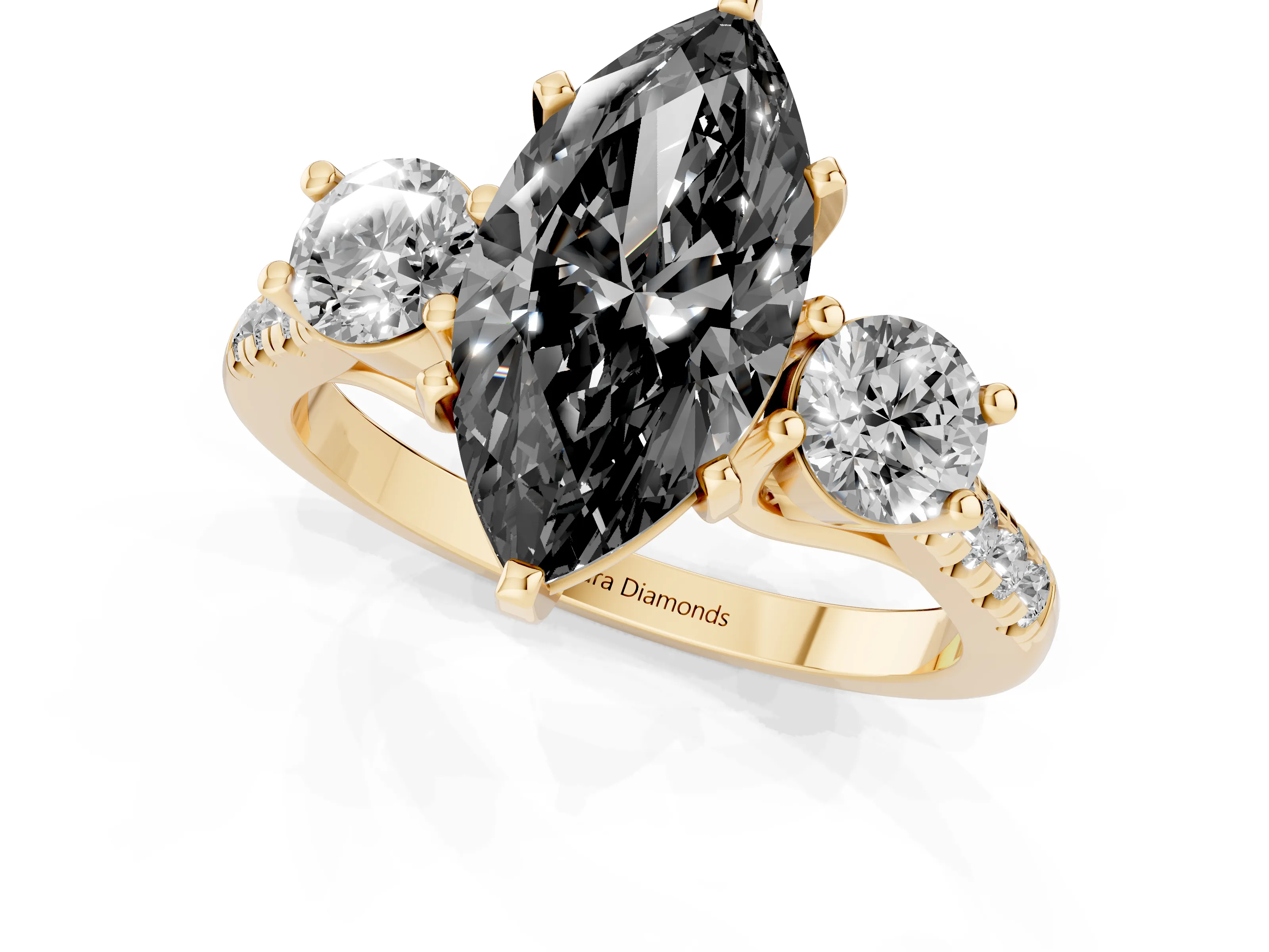 Fancy Black Three-Stone Marquise Cut Diamond Pavé Band Ring Set in Yellow gold with Prong-Set Trio